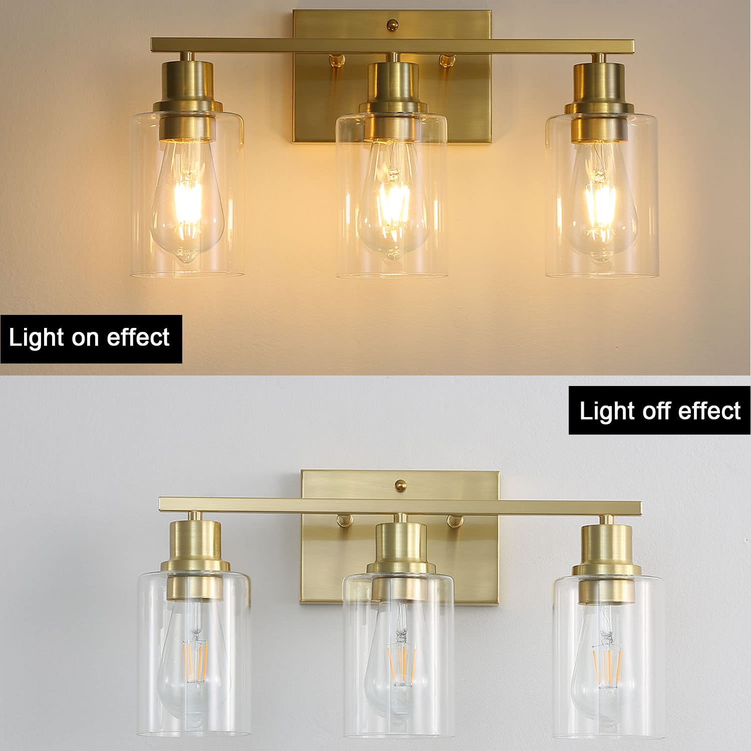 3-Lights Gold Bathroom Vanity Light Fixture - Brushed Brass Modern Wall Sconce with Clear Glass Shade - Elegant Lighting for Bathroom, Living Room, Bedroom & Hallway - Perfect for Makeup Vanity, Dressing Area and Home Decor