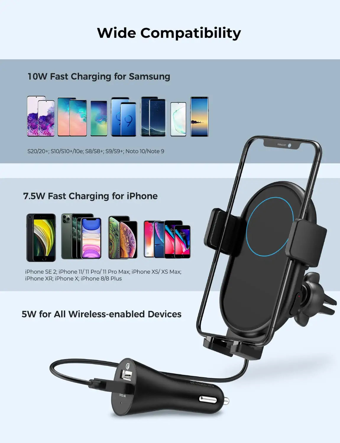 10W Fast Wireless Car Charger Mount - Qi Certified Phone Holder for iPhone & Android - Perfect for Commuting, Road Trips & Hands-Free Charging