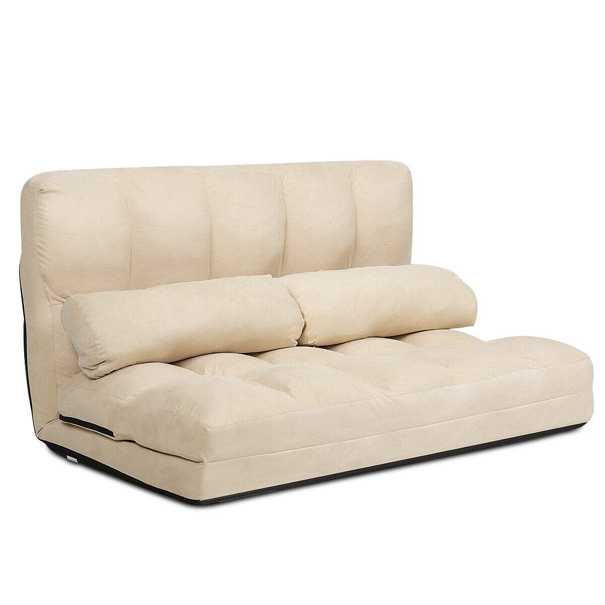 HPW Beige Foldable Floor Sofa Bed Lounge Couch Chaise Lounge with 2 Pillows - 6 Adjustable Backrest Positions for Sitting, Lying & Leaning - Sturdy Steel Pipe Frame - Perfect for Bedroom, Living Room, Gaming Room & Small Spaces - Great for Relaxing, Napping & Movie Nights