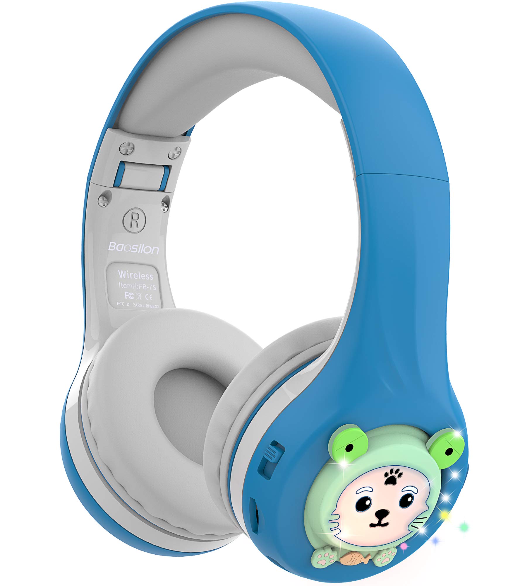 Riwbox FB-7S Bluetooth Headphones for Kids - LED Light Up Over-Ear Wireless Headset with Volume Limiter (75/85/95dB), Built-in Mic & TF Card Slot - Perfect for School, Online Learning, Gaming & Travel (Blue & Grey)