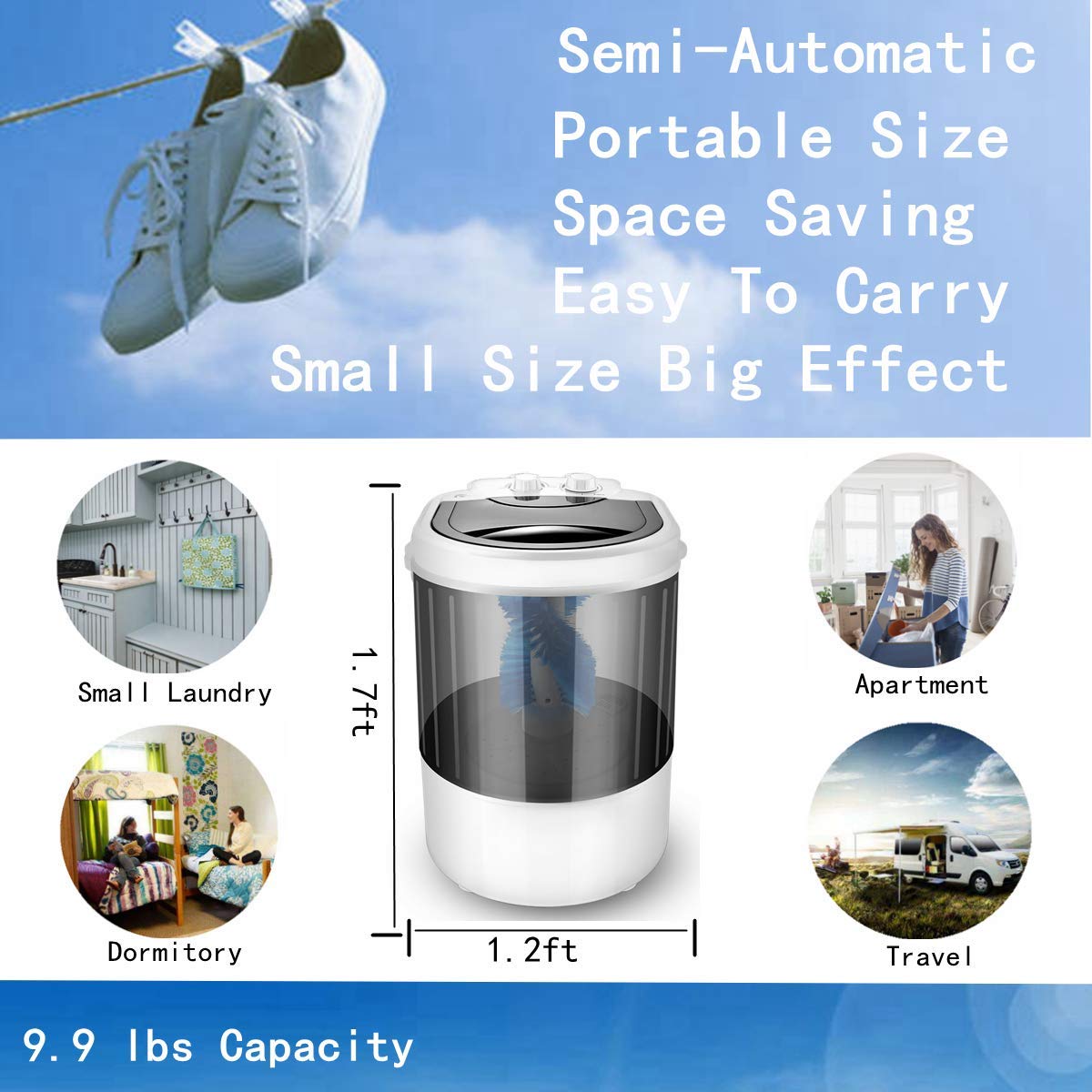 Portable Mini Washing Machine - Semi-Automatic 3-in-1 Washer for Clothes & Shoes with Spin Dry Function, 9.9 lbs Capacity - Perfect for Dorms, Apartments, RVs & Travel