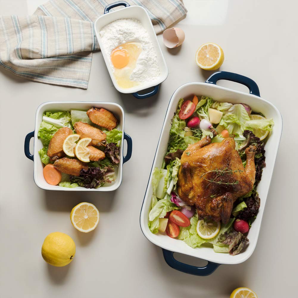 Sweejar Ceramic Bakeware Set - 3-Piece Rectangular Baking Dish for Oven, Casserole, Lasagna & Cake | Porcelain Oven-Safe Baking Pans for Kitchen, Dinner Party & Daily Cooking (Navy Blue) | Perfect for Holiday Meals, Family Gatherings & Meal Prep