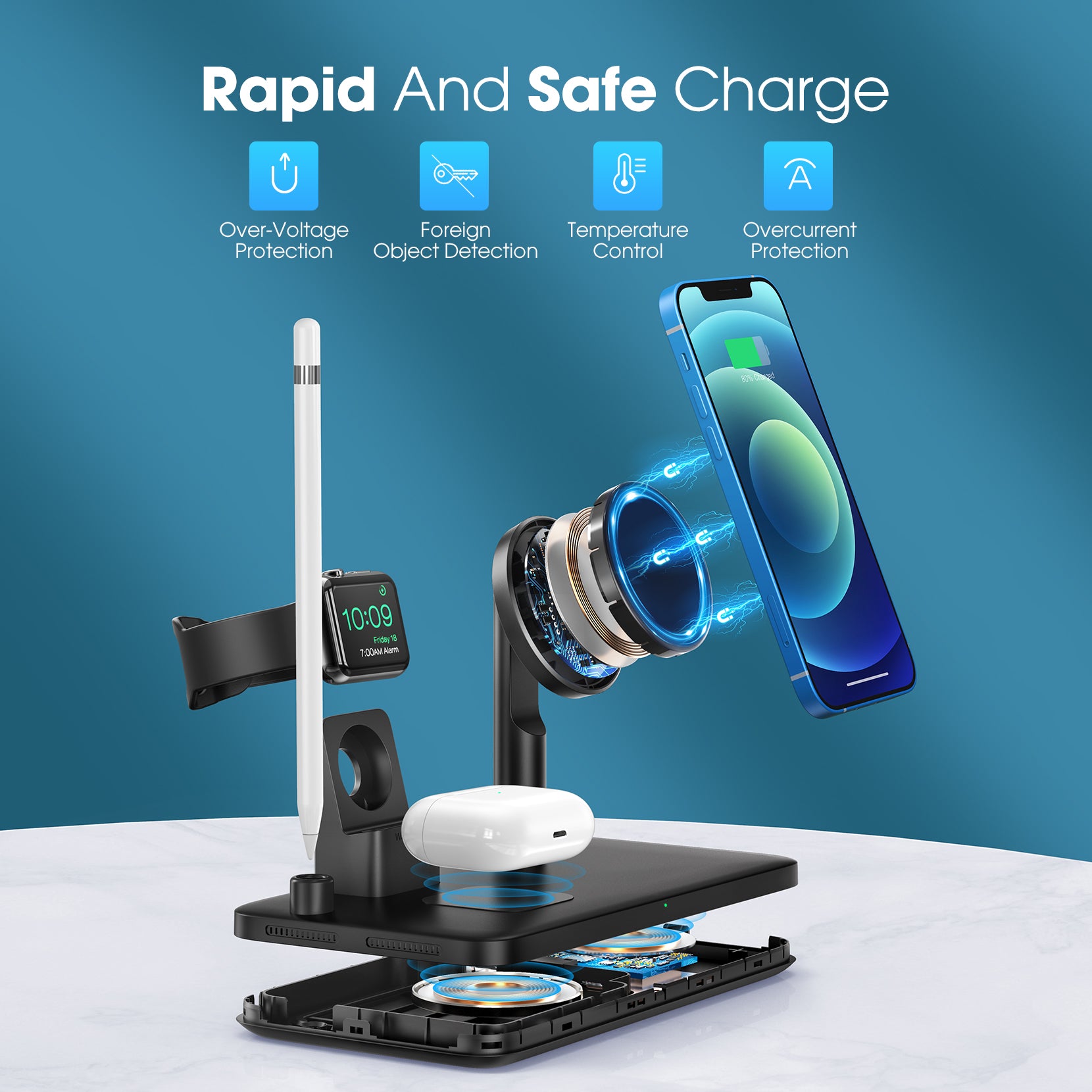 4 in 1 Wireless Charging Station for iPhone, Samsung & AirPods - Fast Multi-Device Charging Pad for Home, Office & Travel
