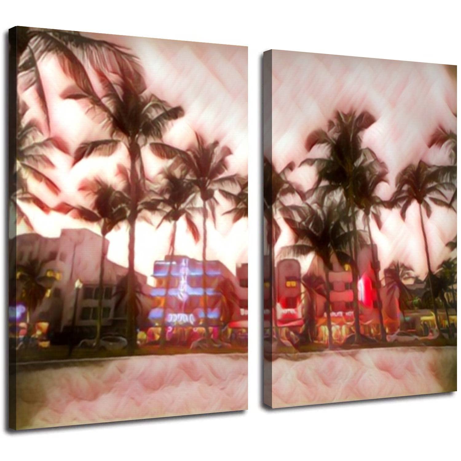 2 Panel Modern Canvas Wall Art - Ocean Drive Night in Miami Beach - Large 24