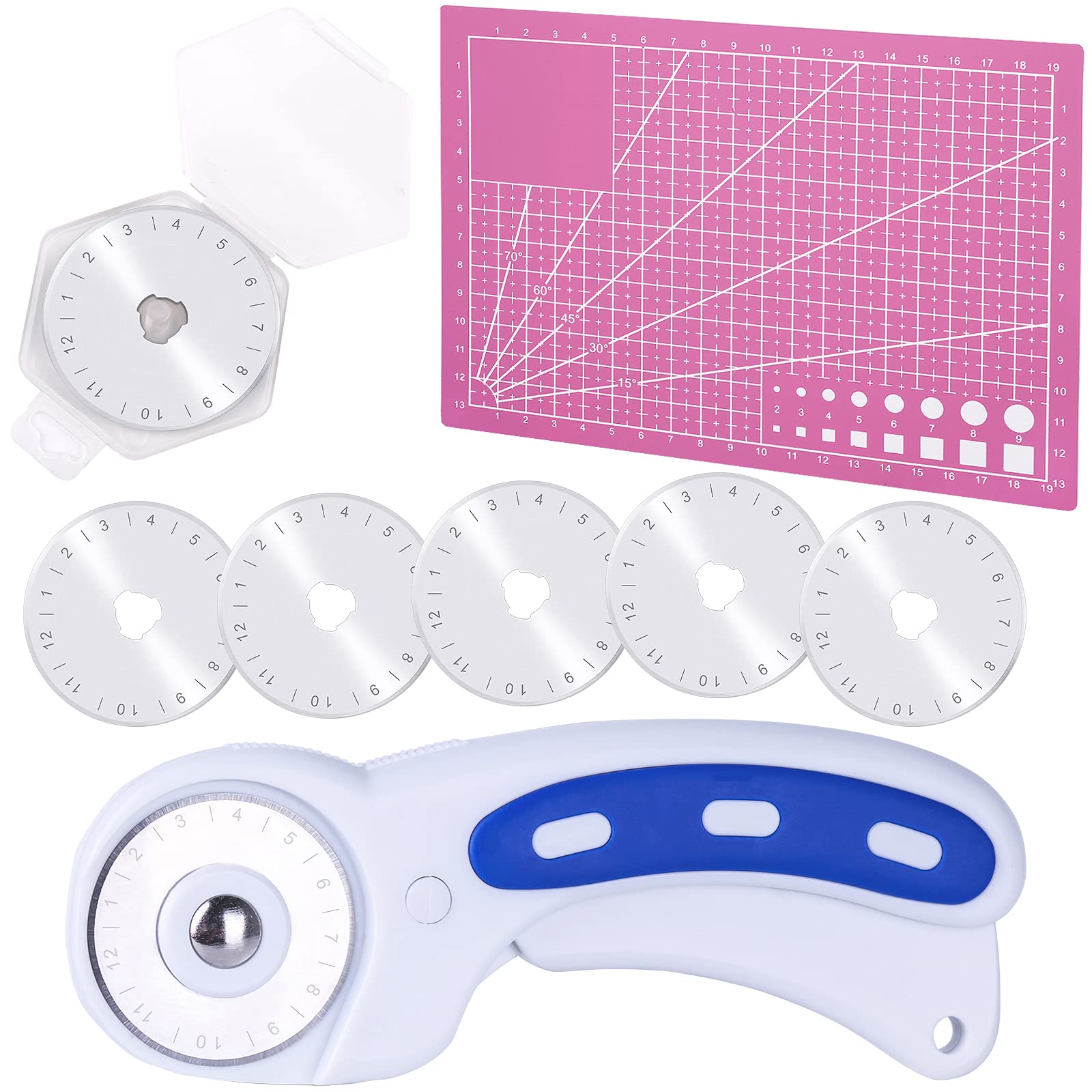 45mm Rotary Cutter with 5 Replacement Blades & A5 Cutting Mat - Premium Fabric Cutting Tool for Quilting, Sewing, Arts & Crafts - Sharp, Durable Rotary Cutter Set for DIY Projects & Professional Use