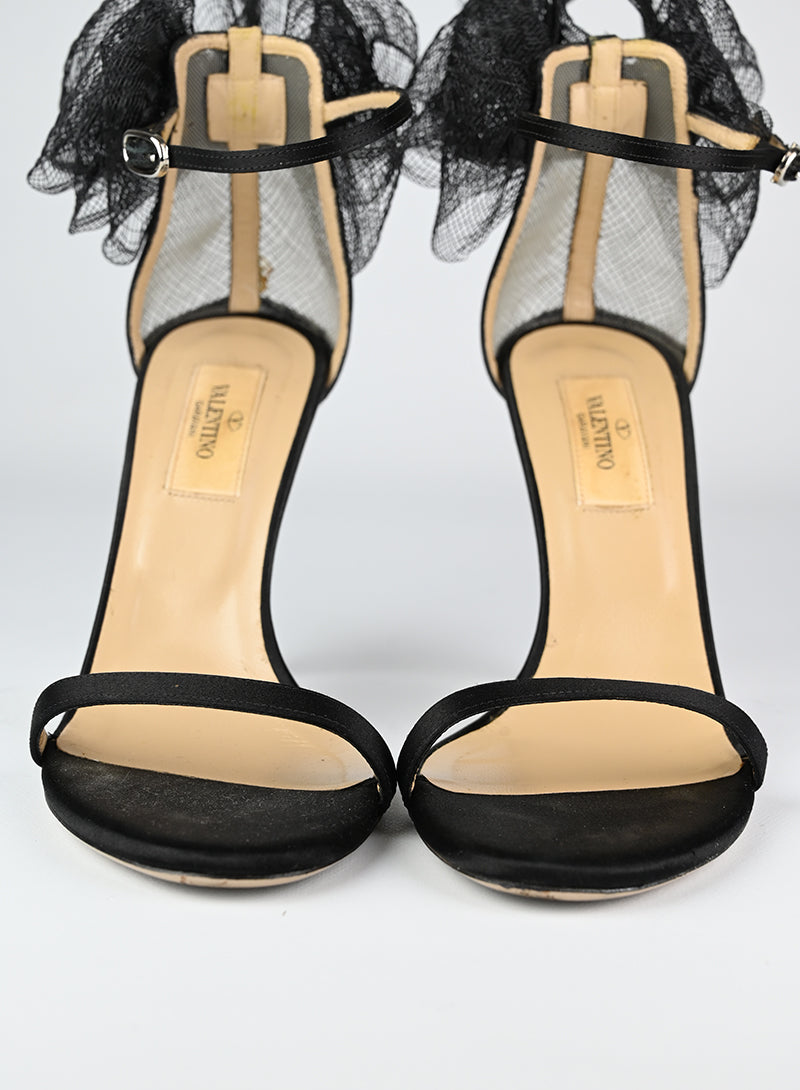 Valentino Black Satin Sandals with Flower Detail - Size 37 | Elegant Women's Dress Sandals for Weddings & Special Occasions