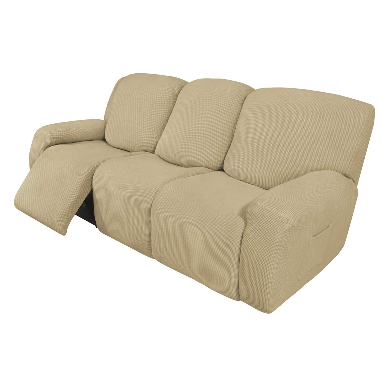 8-Piece Recliner Sofa Slipcover Set - Stretchable Jacquard Fabric with Elastic Bottom - Beige Checkered Design - Furniture Protector for Couches, Chairs & Sectionals - Perfect for Homes with Kids & Pets