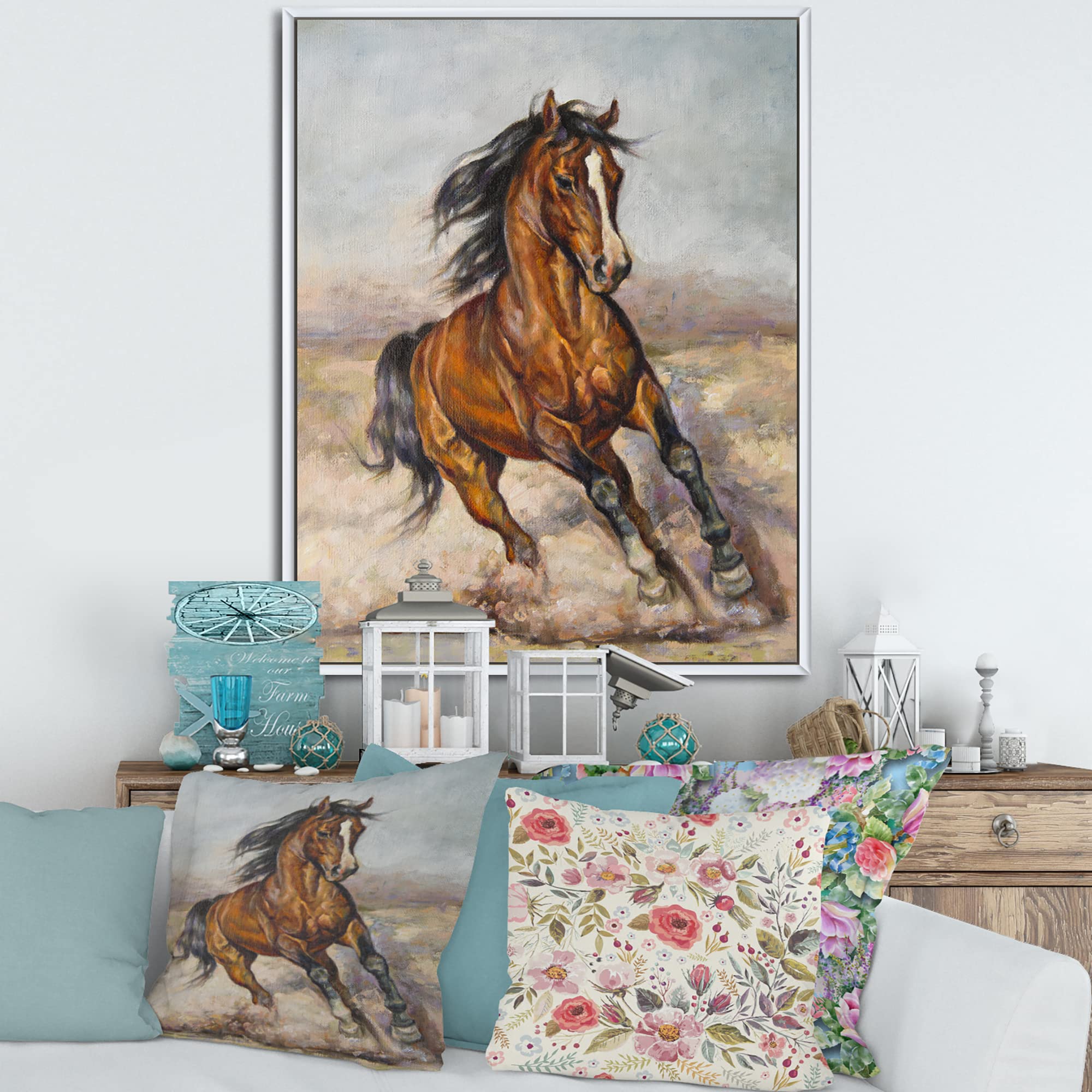 DesignQ Horse Racing Painting - Farmhouse Framed Canvas Wall Art Print for Living Room, Bedroom & Office Decor