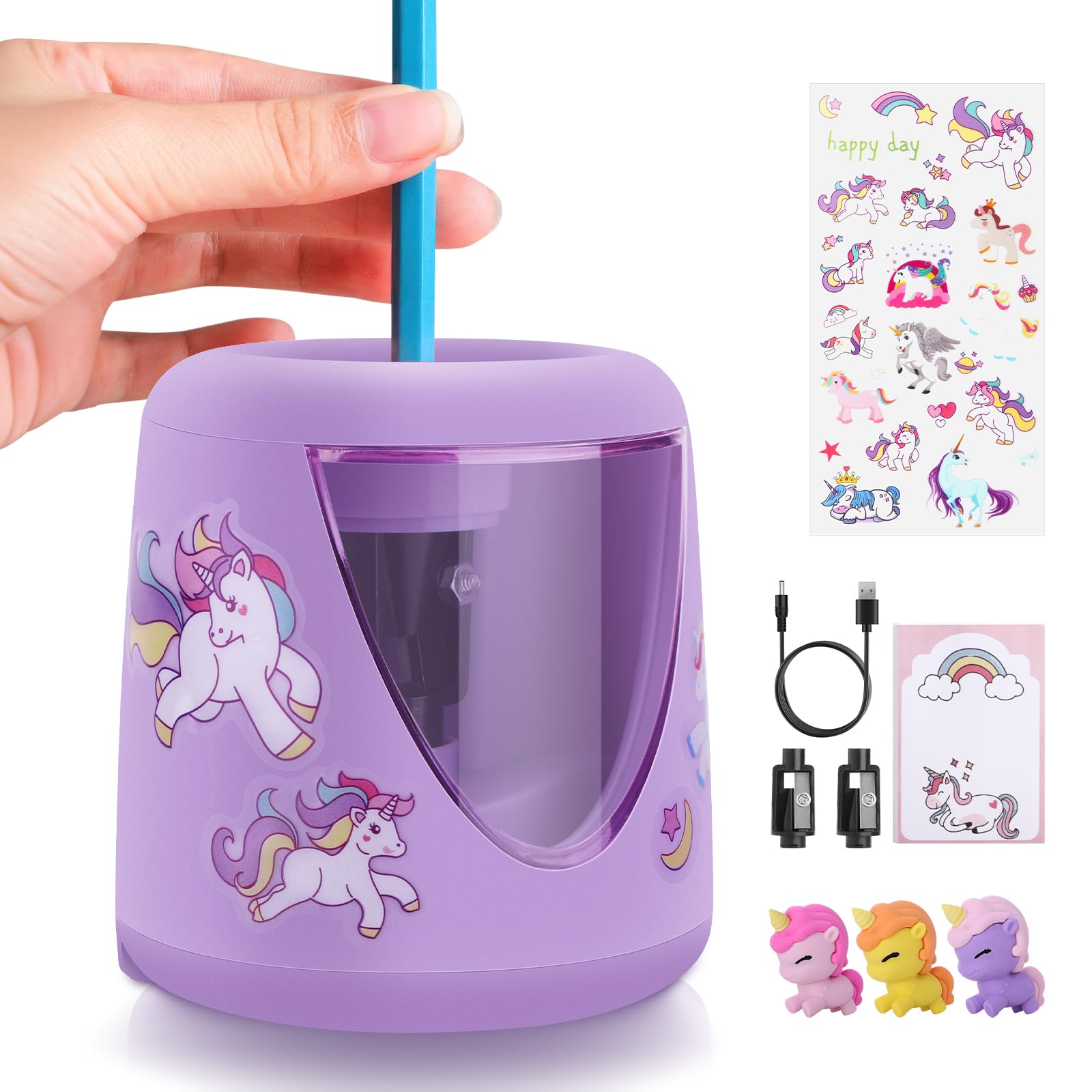 Electric Pencil Sharpeners for Kids - Cute Small Colored Pencil Sharpener with Unicorn Design, Purple Plug-in Sharpener for Home & Classroom Use - Perfect School Supplies for Arts, Crafts & Homework