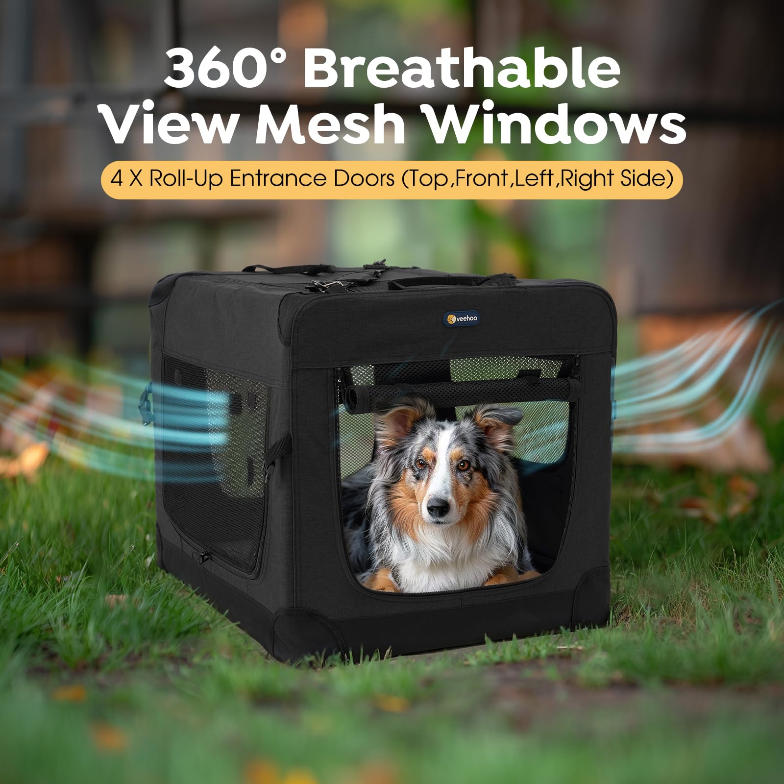 Veehoo 36 Inch Folding Soft Dog Crate - 4-Door Portable Collapsible Pet Kennel for Large Dogs | Heavy-Duty 600D Oxford Fabric & 5 Durable Mesh Screens | Indoor & Outdoor Use for Travel, Camping & Home | Black (CWB2428CP)