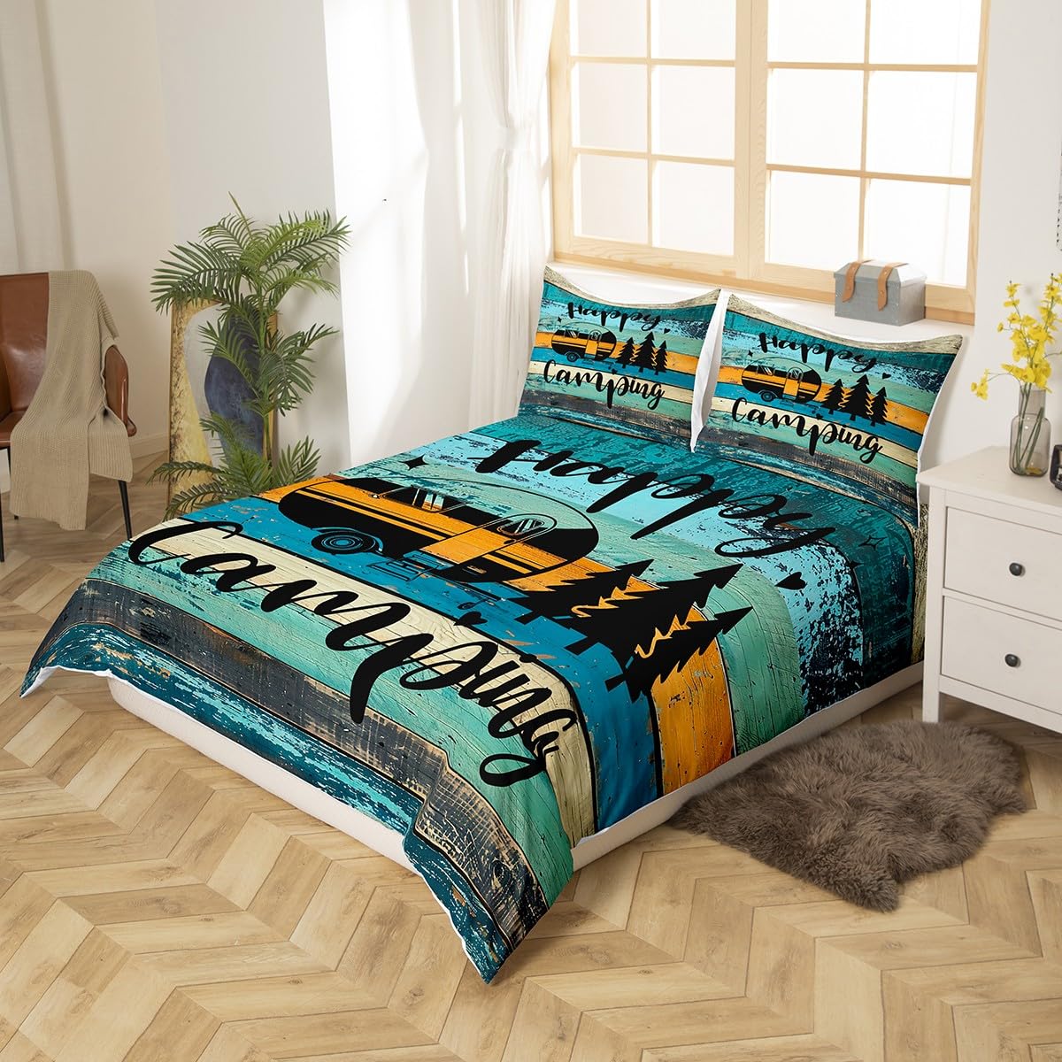 RV Camper Queen Size Duvet Cover Set - Happy Camping Green & Blue Striped Farmhouse Style Bedding with 2 Pillow Shams | Ultra Soft Breathable Microfiber for Teens & Youth | Perfect for RV Trips, Camping Adventures & Cozy Cabin Stays