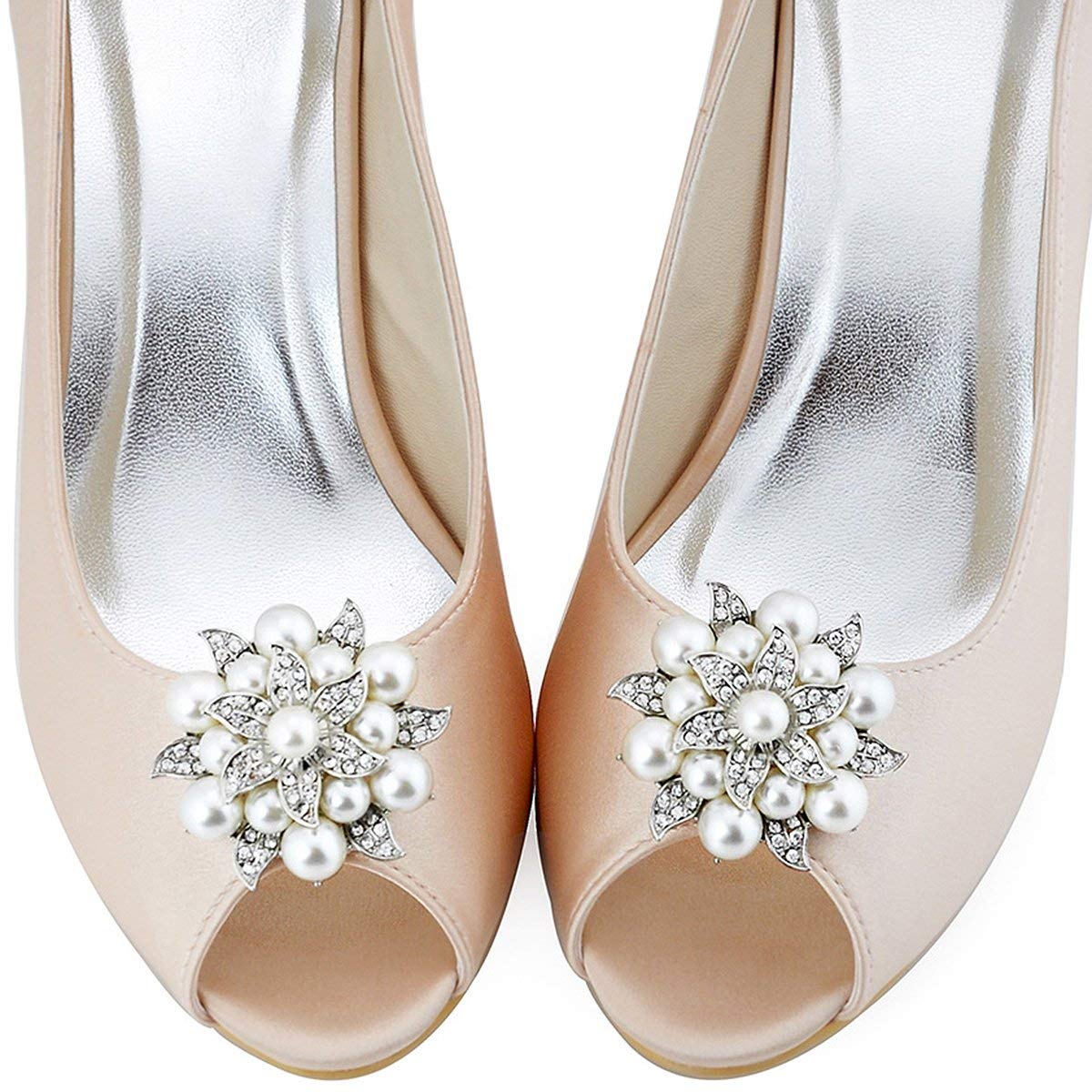 ELEGANTPARK Women's Decorative Pearl Shoe Clips - Square Silver Rhinestone Shoe Accessories for Pumps, Wedding, Party & Special Occasions | Perfect for Bridal Shoes, Evening Events and Formal Attire