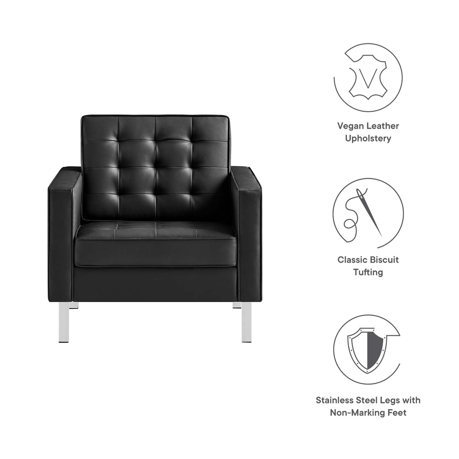 Modway Loft Tufted Button Faux Leather Accent Armchair - Silver Black Upholstered Living Room Chair for Home Office, Lounge & Reading Nook