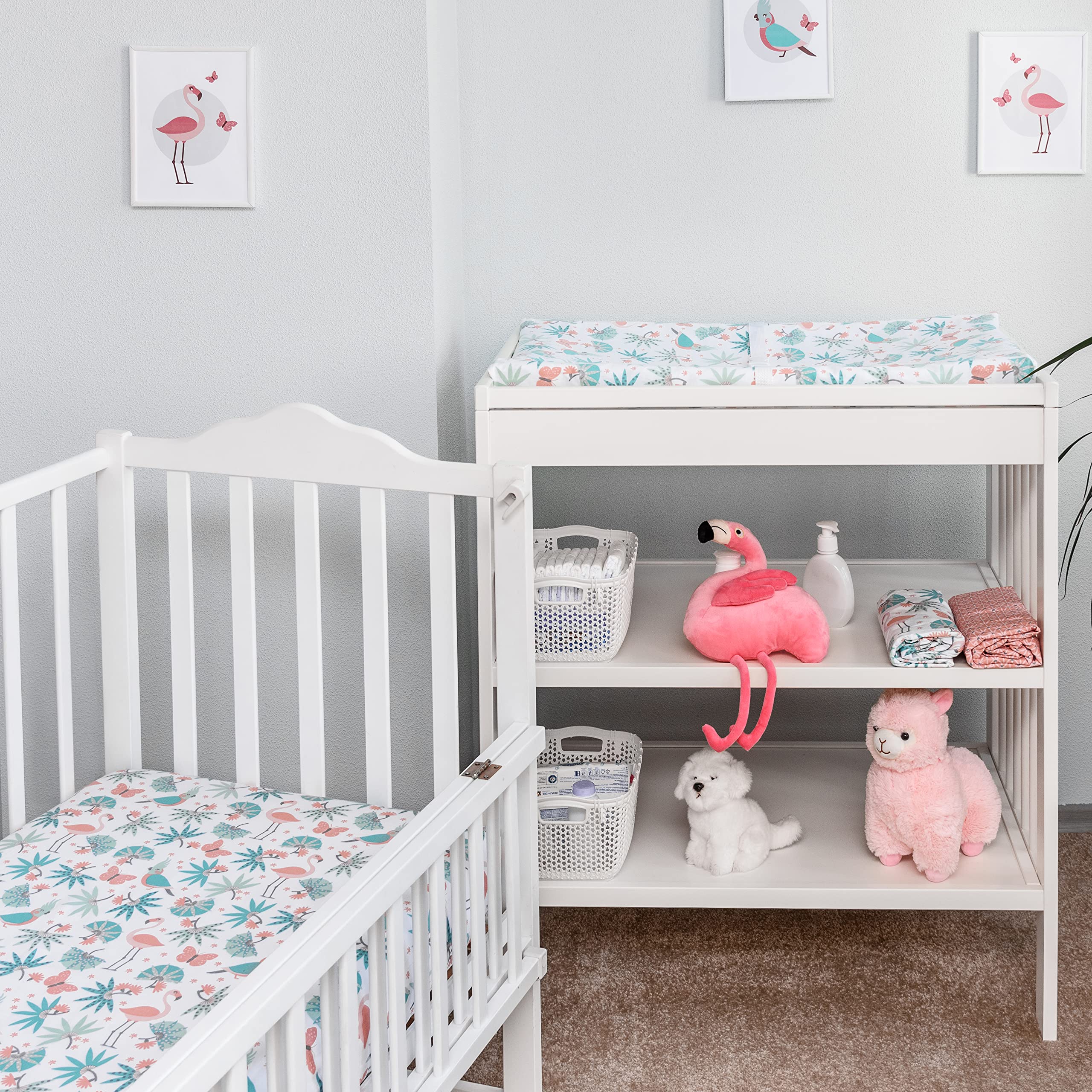 My Little Zone 100% Cotton Crib Fitted Sheets for Baby Girls - Soft Flamingo & Jungle Leaves Print, Breathable Toddler Bed Sheet Set, 28x52 Inches with 8