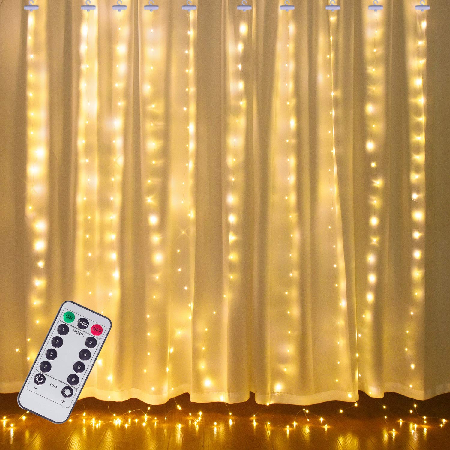 300 LED Window Curtain Fairy Lights with Remote - 8 Lighting Modes, Warm White Twinkle Backdrop Lights for Bedroom, Wedding, Party Decor - Indoor/Outdoor Christmas, Halloween, Patio & Apartment Decoration (Perfect for Creating Cozy Ambiance & Festive Atmosphere)
