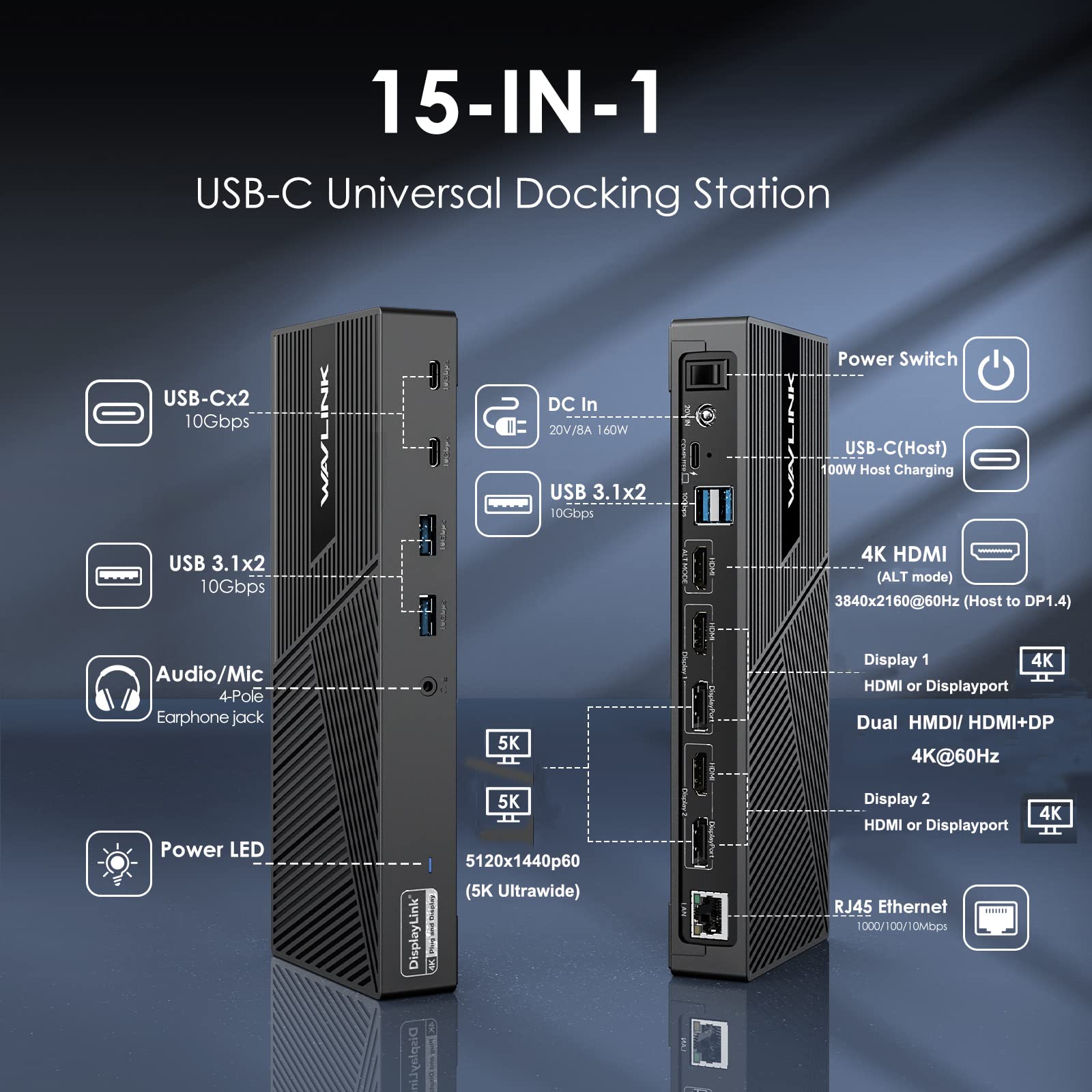 WAVLINK Triple Monitor Docking Station 4K@60Hz - Thunderbolt 4/3 & USB-C Compatible for Mac M1/M2/M3/M4 & Windows/Chrome - 3 HDMI, 2 DP, 100W Charging, 6 USB Ports, Ethernet, Audio - Perfect for Home Office & Multi-Screen Productivity