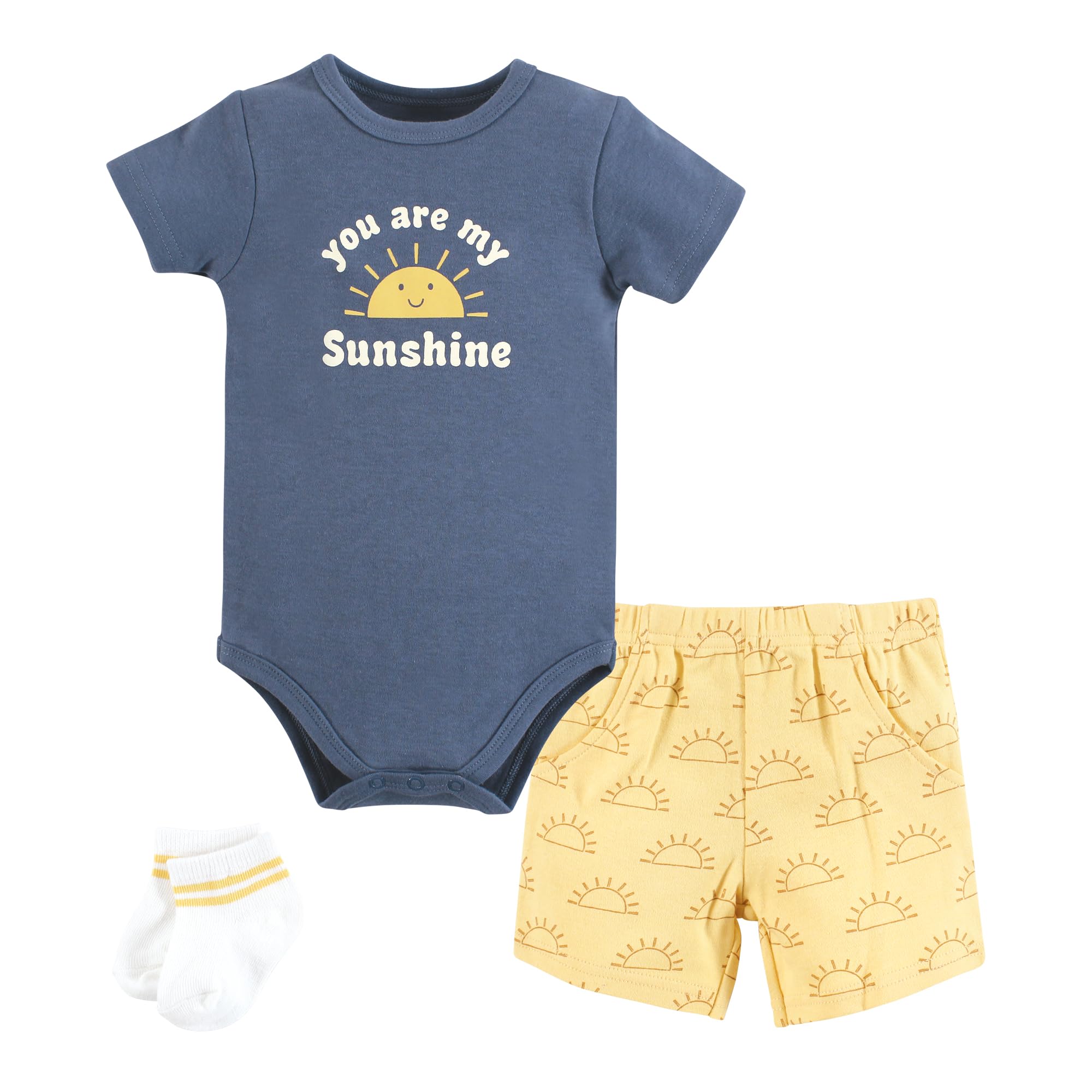 Hudson Baby Unisex Cotton Bodysuit, Shorts & Socks Set - Blue Sunshine - 0-3 Months | Soft Newborn Outfit for Daily Wear, Photo Shoots & Gifts