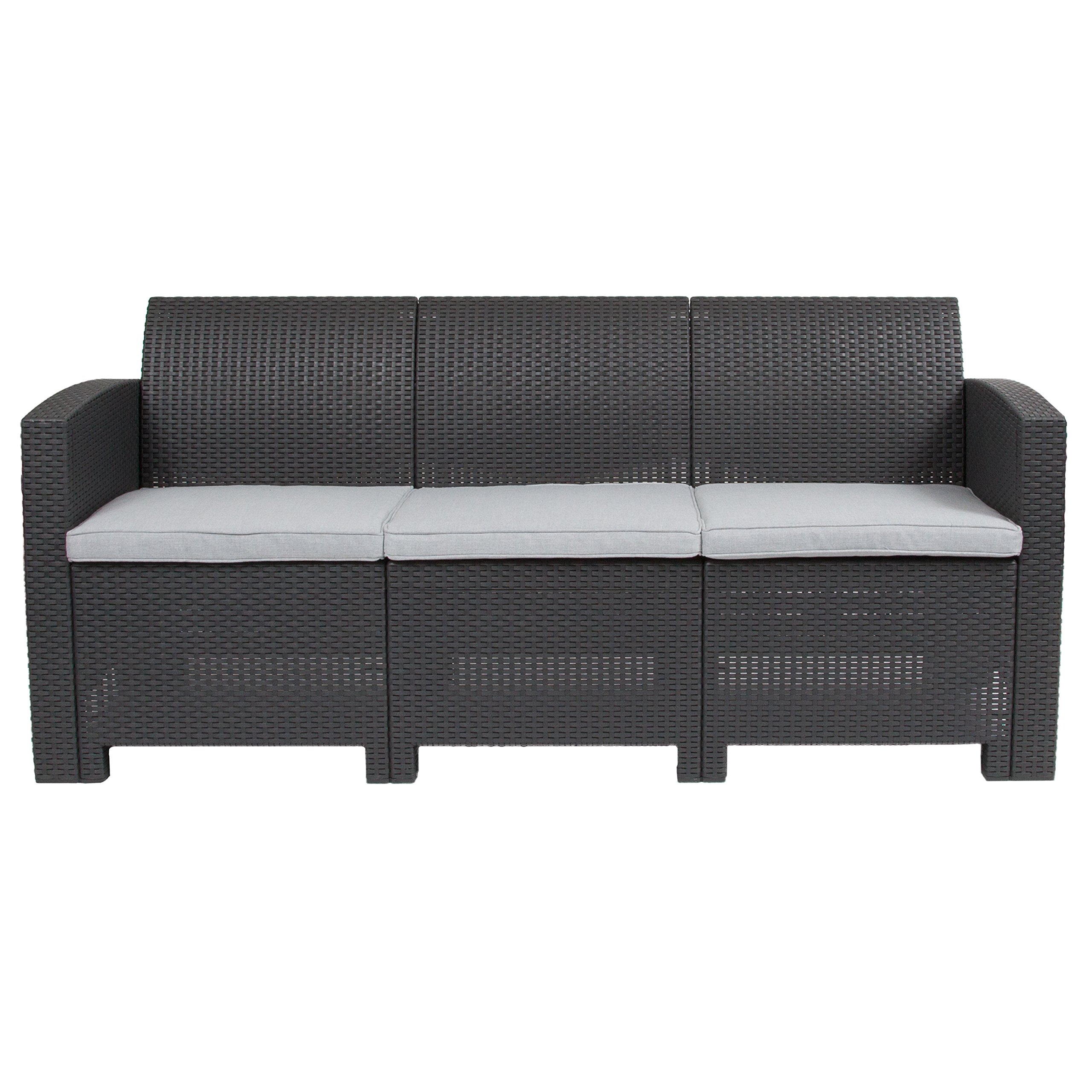 Dark Gray Faux Rattan Sofa with Light Gray Cushions - Modern Wicker Patio Furniture for Outdoor Living Room, Garden, Balcony & Porch