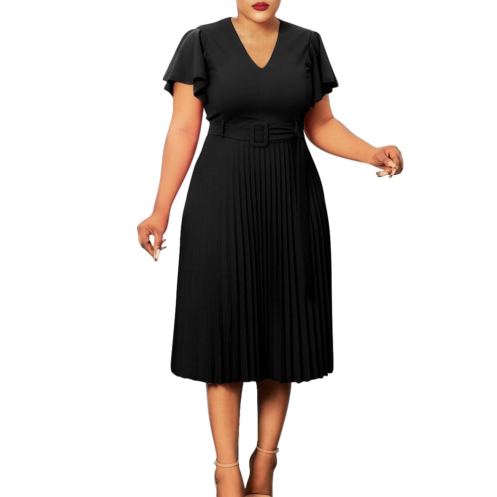 Vintage 1950s Plus Size Women's Pleated Swing Midi Dress with Belt - Semi Formal Party, Prom & Cocktail Attire for Special Occasions & Retro Events