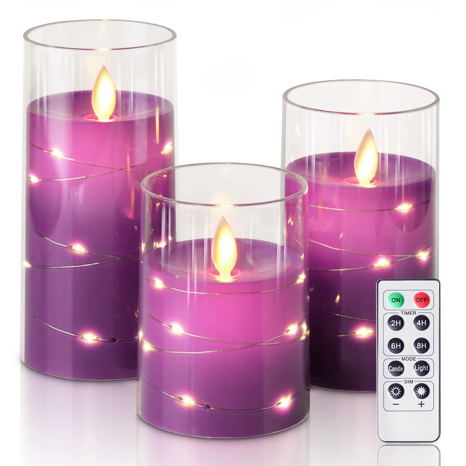 Homemory Flickering Flameless LED Candles with Remote - Battery Operated Plexiglass Candles with Embedded String Lights (Set of 3, Purple) - Perfect for Home Decor, Weddings, Romantic Dinners & Holiday Centerpieces