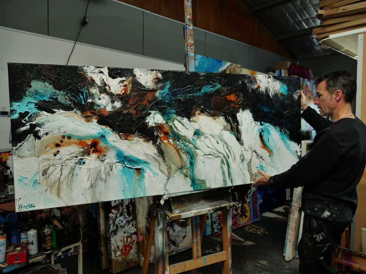 Southern Nature 200cm x 80cm Teal Black White Textured Abstract Canvas Art - Modern Wall Decor for Living Room, Bedroom & Office