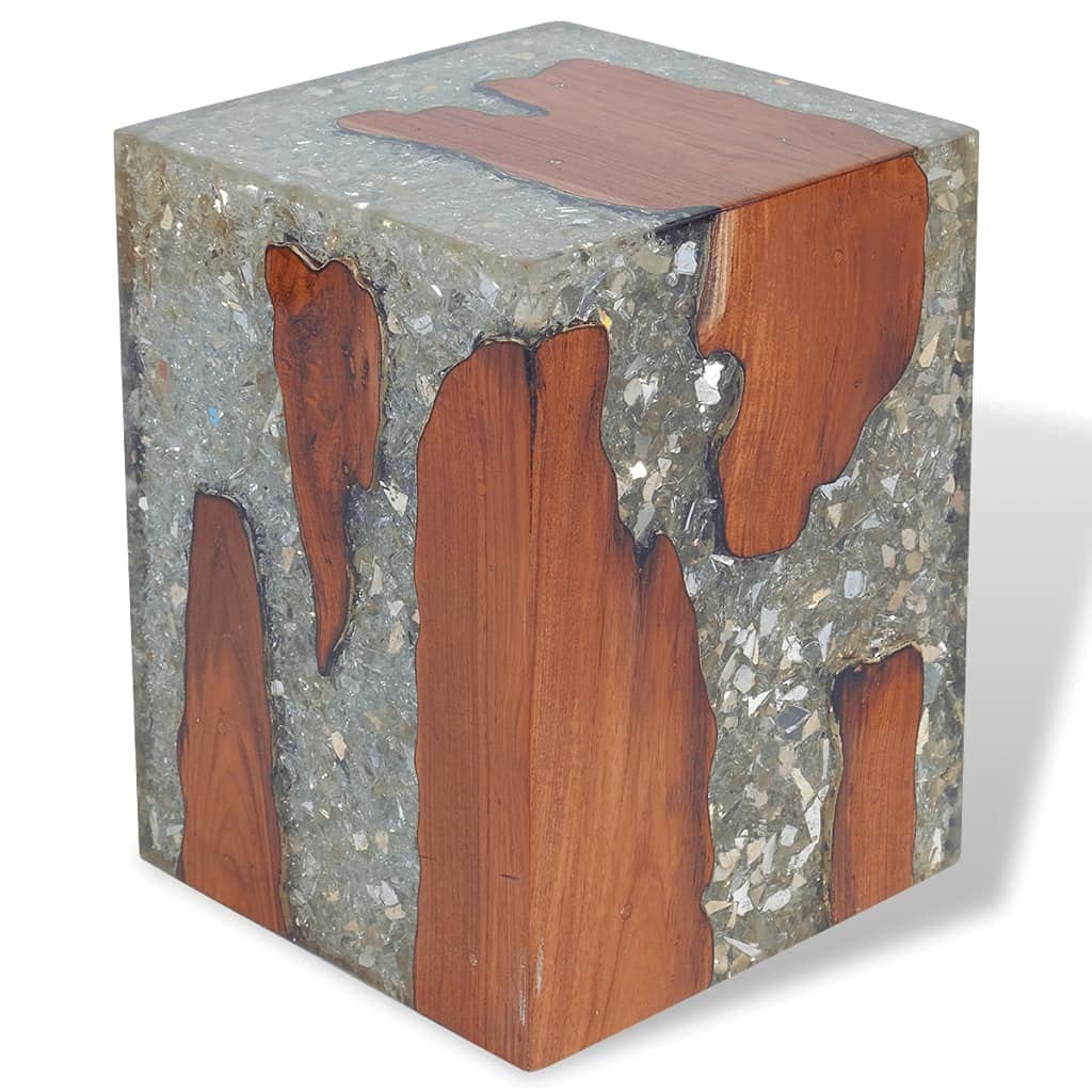 Solid Teak Wood & Resin Garden Stool - Natural Side Table, Plant Stand, Bedside Frame - Multifunctional Home & Garden Decor for Patio, Living Room & Outdoor Use