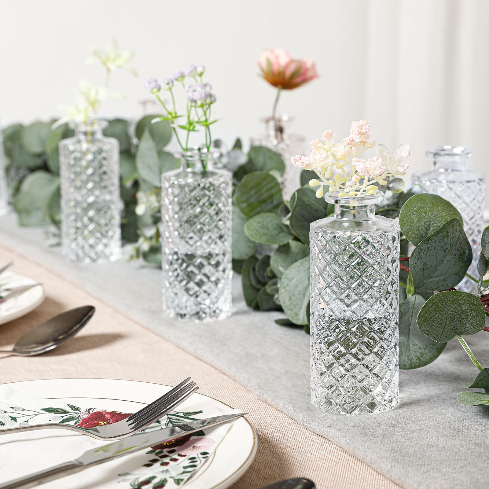 20 Pack Clear Glass Bud Vases - Small Diamond Cut Mini Flower Vases for Wedding Centerpieces, Office Desk Decor, Home Table Arrangements & Party Reception Decorations - Perfect for Floral Displays, Gift Giving & Event Styling