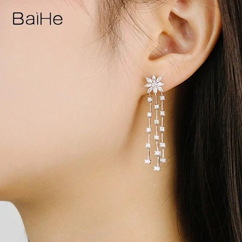 BAIHE 18K White Gold H/SI Natural Diamond Flower Stud Earrings for Women | Trendy Wedding & Party Jewelry | Elegant Floral Earrings for Everyday Wear & Special Occasions