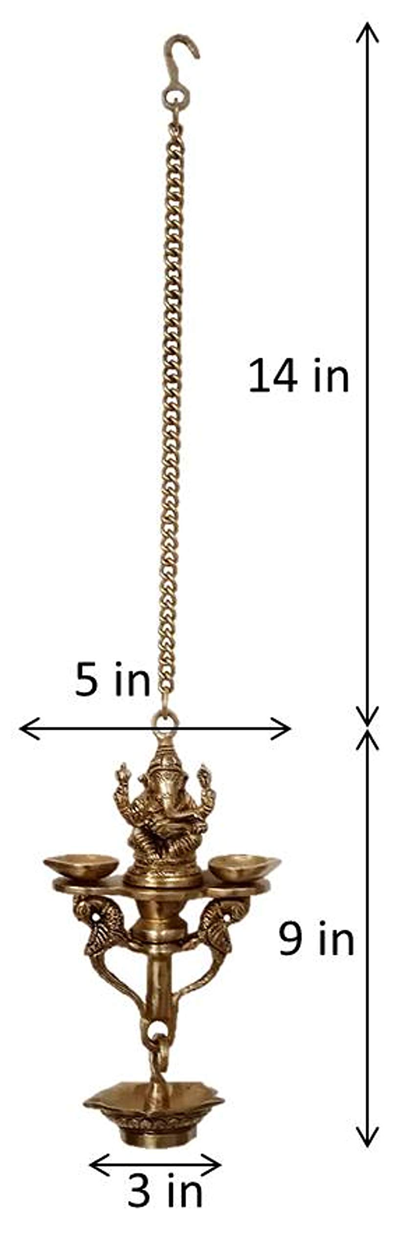 Purpledip Brass Ganesha Nila Vilakku 7-Wick Hanging Diya Oil Lamp - Peacock Design Traditional Deepak for Hindu Pooja (12253) | Perfect for Home Temple Decor, Wedding Ceremonies & Festival Decorations