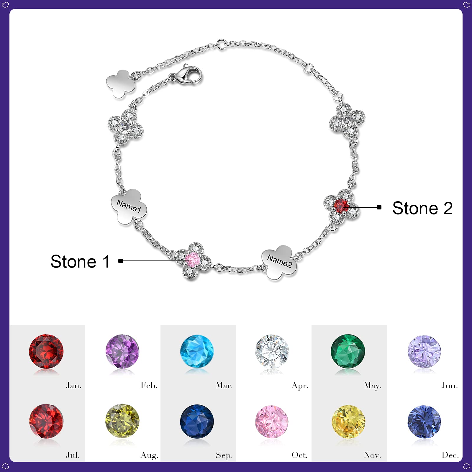 Personalized Flower Bracelet with 2-5 Birthstones for Women - Engraved Name Jewelry Gift for Girlfriend, Flower Girl & Bridesmaid - Lucky Four Leaf Clover Charm Bracelet for Weddings, Anniversaries & Special Occasions