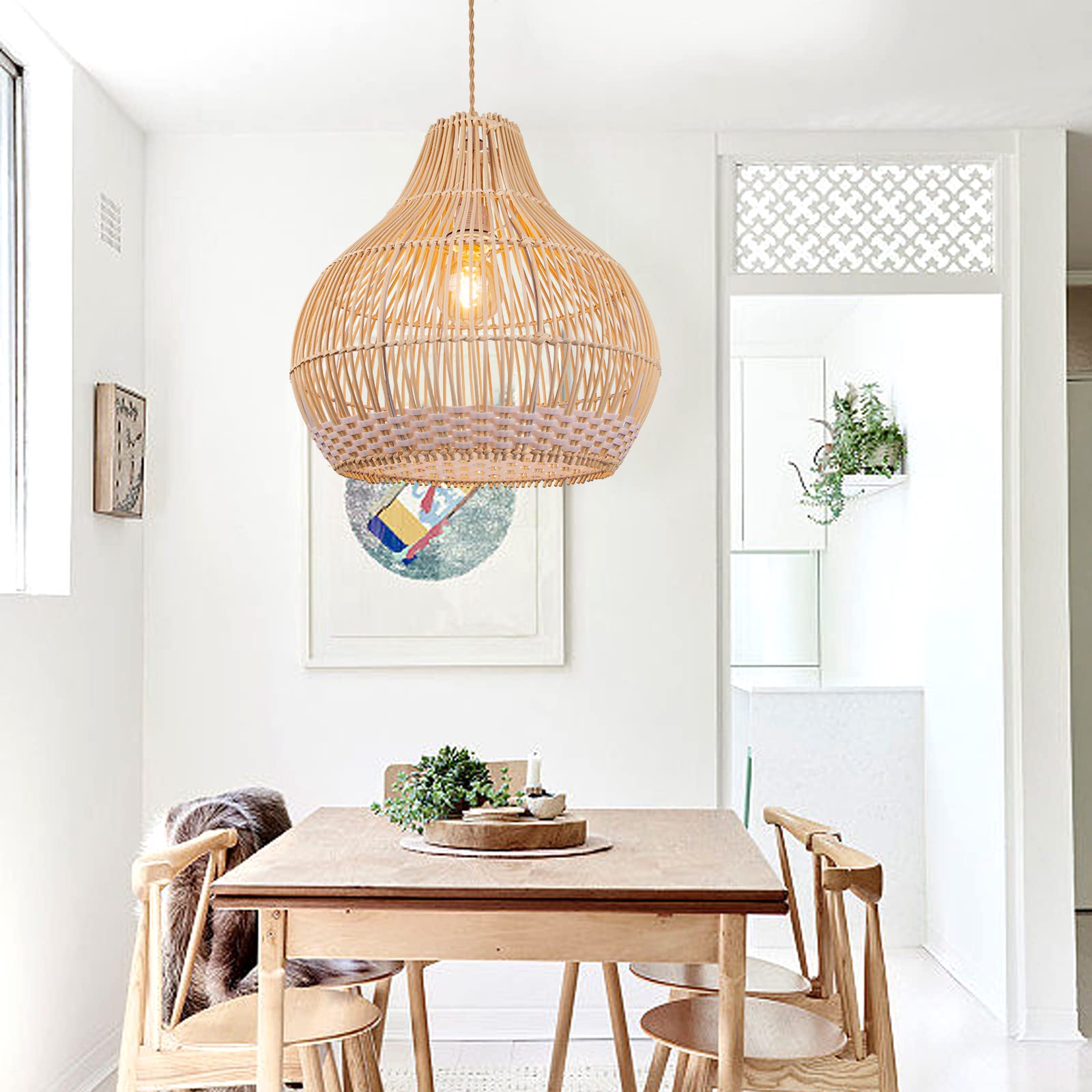 Arturesthome Coastal Rattan Pendant Light - Handmade Woven Wicker Chandelier for Kitchen Island, Living Room & Bedroom - White Round Ceiling Lamp with Natural Texture - Perfect for Farmhouse, Boho & Coastal Decor Styles