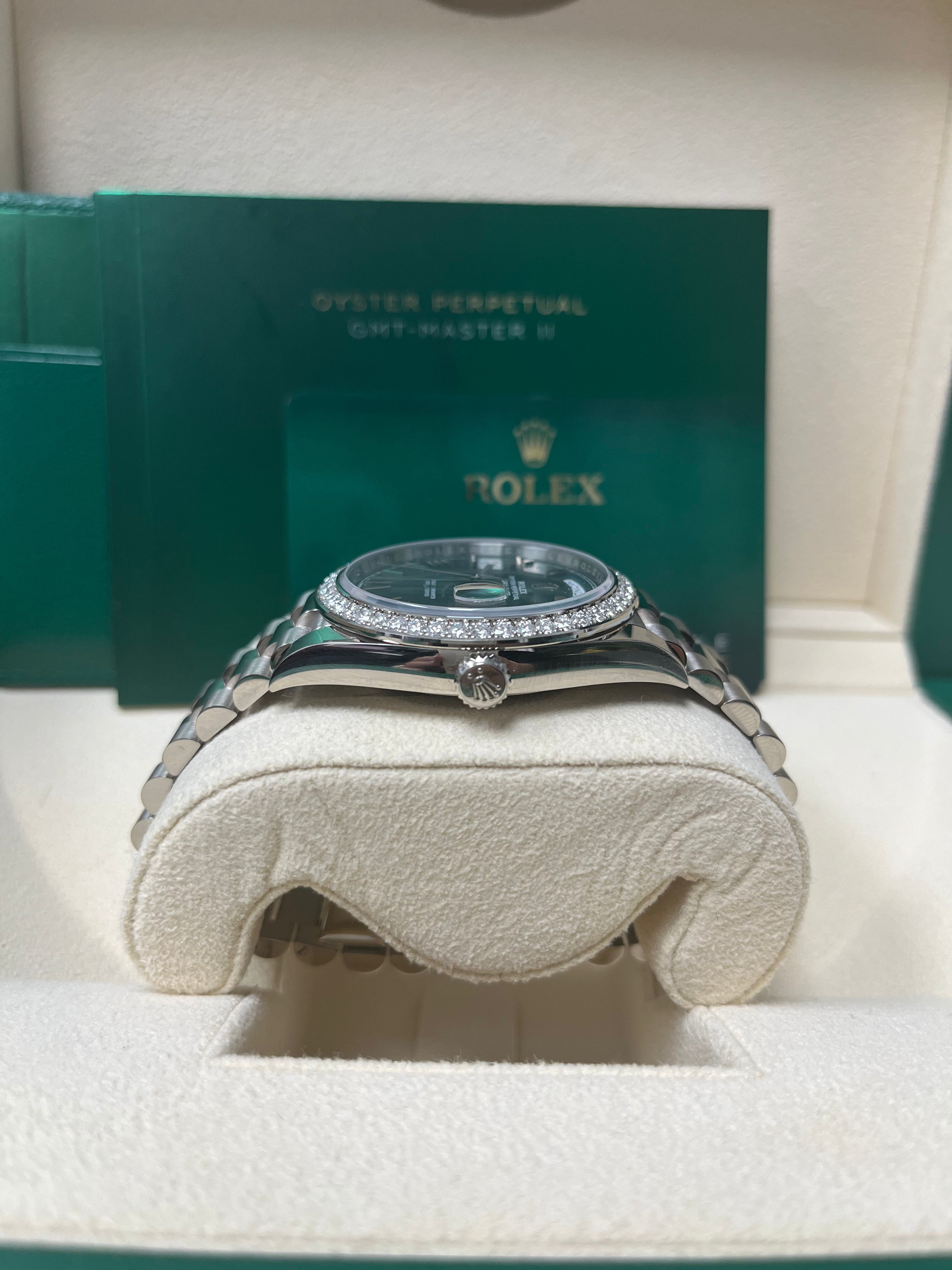 Rolex Day-Date 40mm 18K White Gold Watch with Olive Green Roman Dial & President Bracelet (Ref. 228349RBR) - Luxury Dress Watch for Business & Formal Occasions