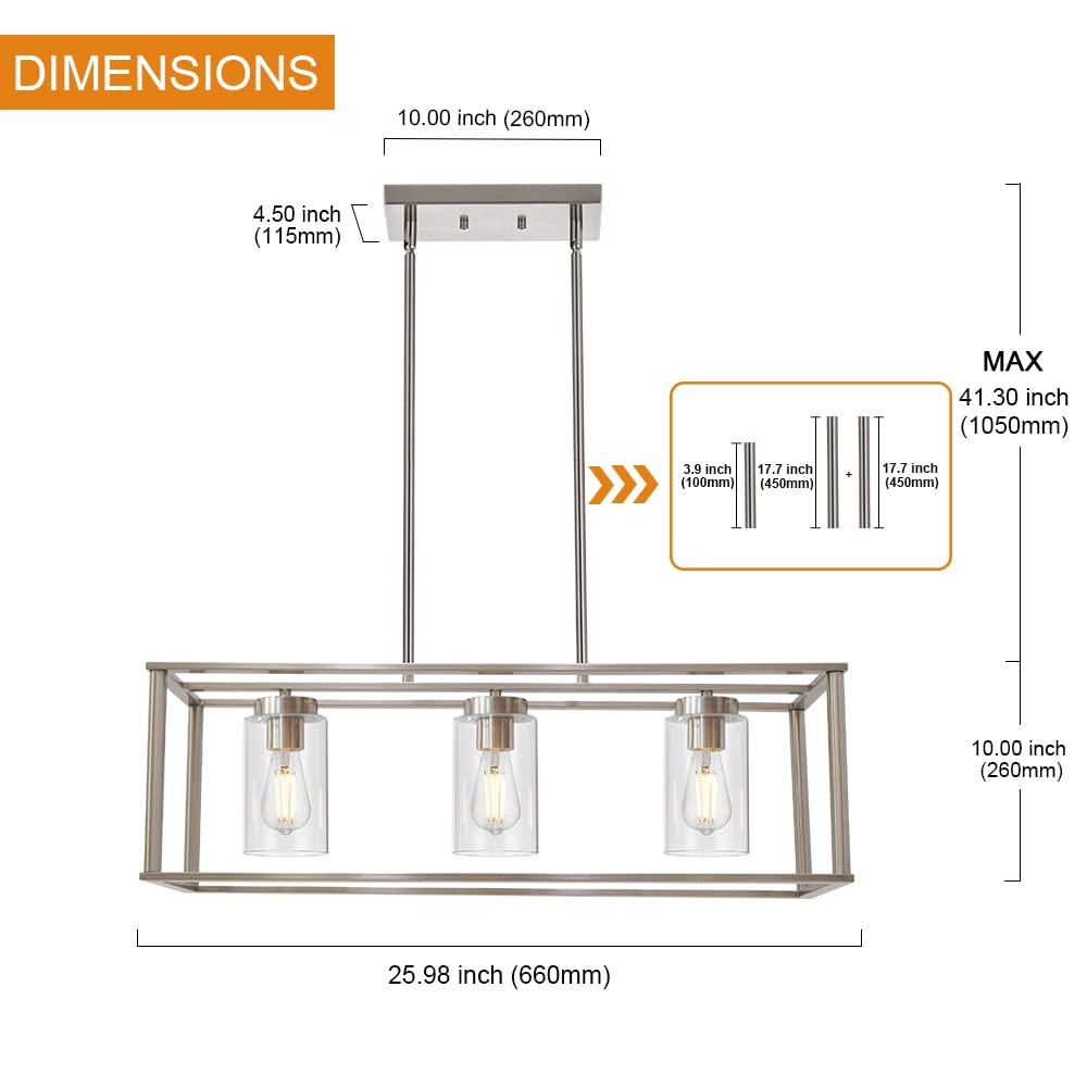 VINLUZ 3-Light Brushed Nickel Linear Chandelier with Clear Glass Shade - Modern Kitchen Island Pendant Light, Farmhouse Dining Room Ceiling Fixture for Living Room, Bar & Restaurant Lighting - Perfect for Home Decor and Commercial Spaces