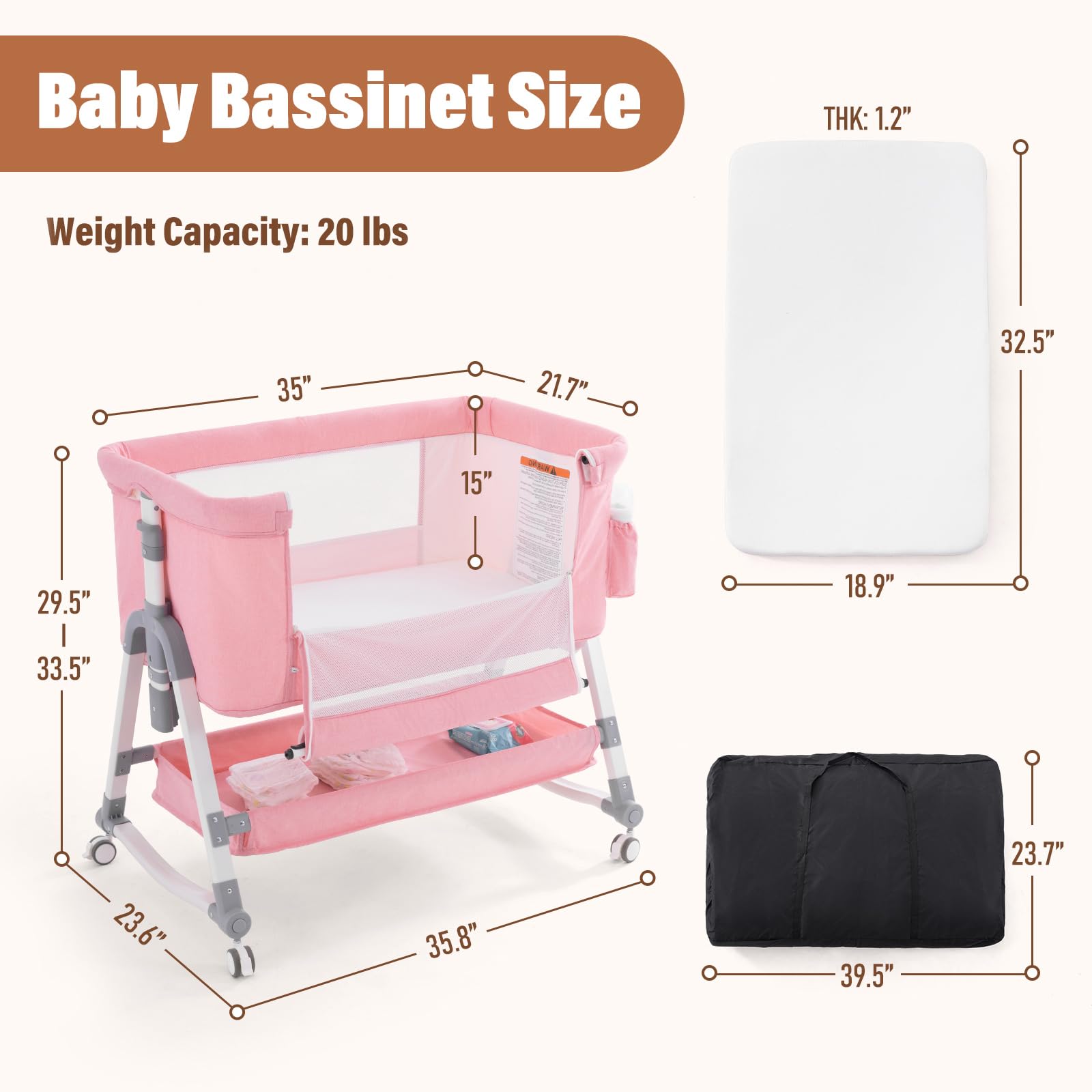 4-in-1 Adjustable Baby Bassinet & Bedside Sleeper with Mattress - Portable Folding Crib with Mosquito Net & Storage - Pink Nursery Bed for Newborns - Perfect for Co-Sleeping, Travel & Small Spaces