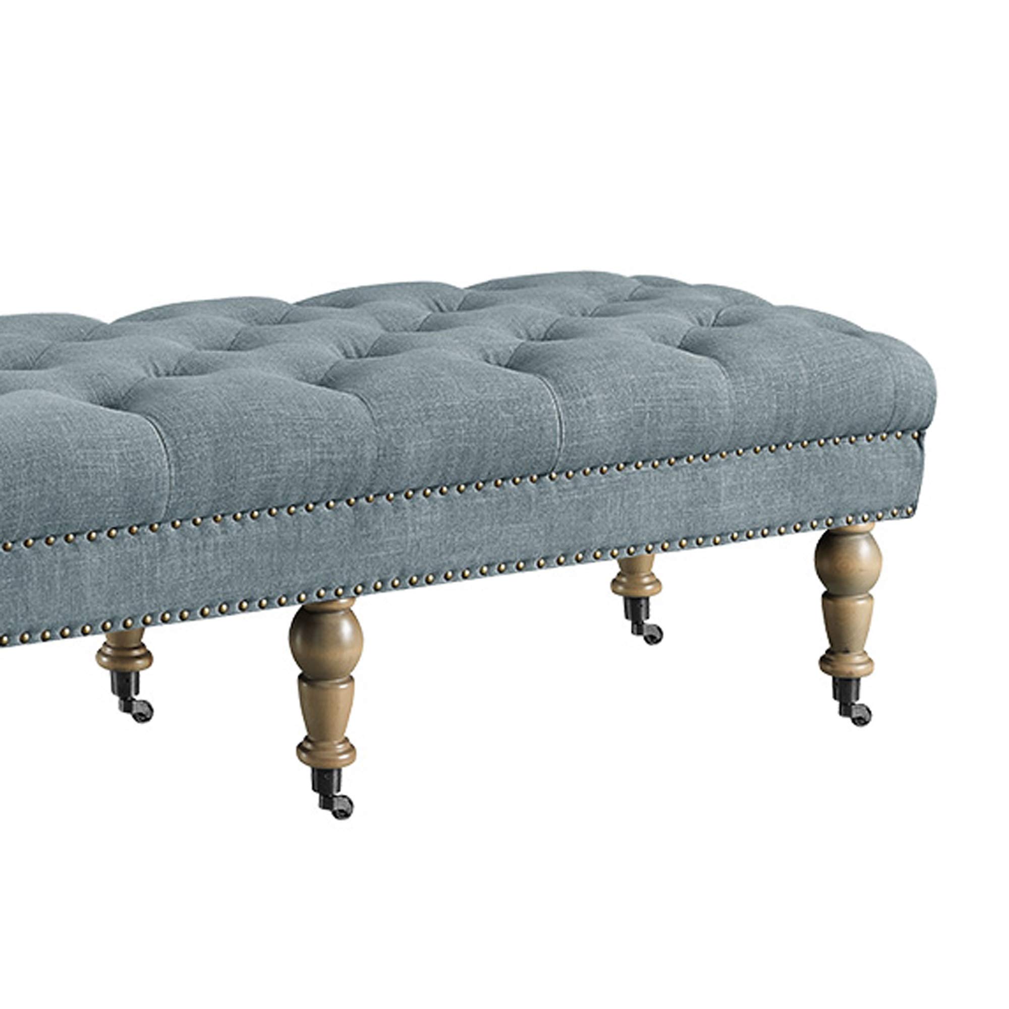Benjara Button Tufted Upholstered Bench with Caster Wheels - Brown and Blue Velvet Storage Ottoman for Bedroom, Living Room, Entryway