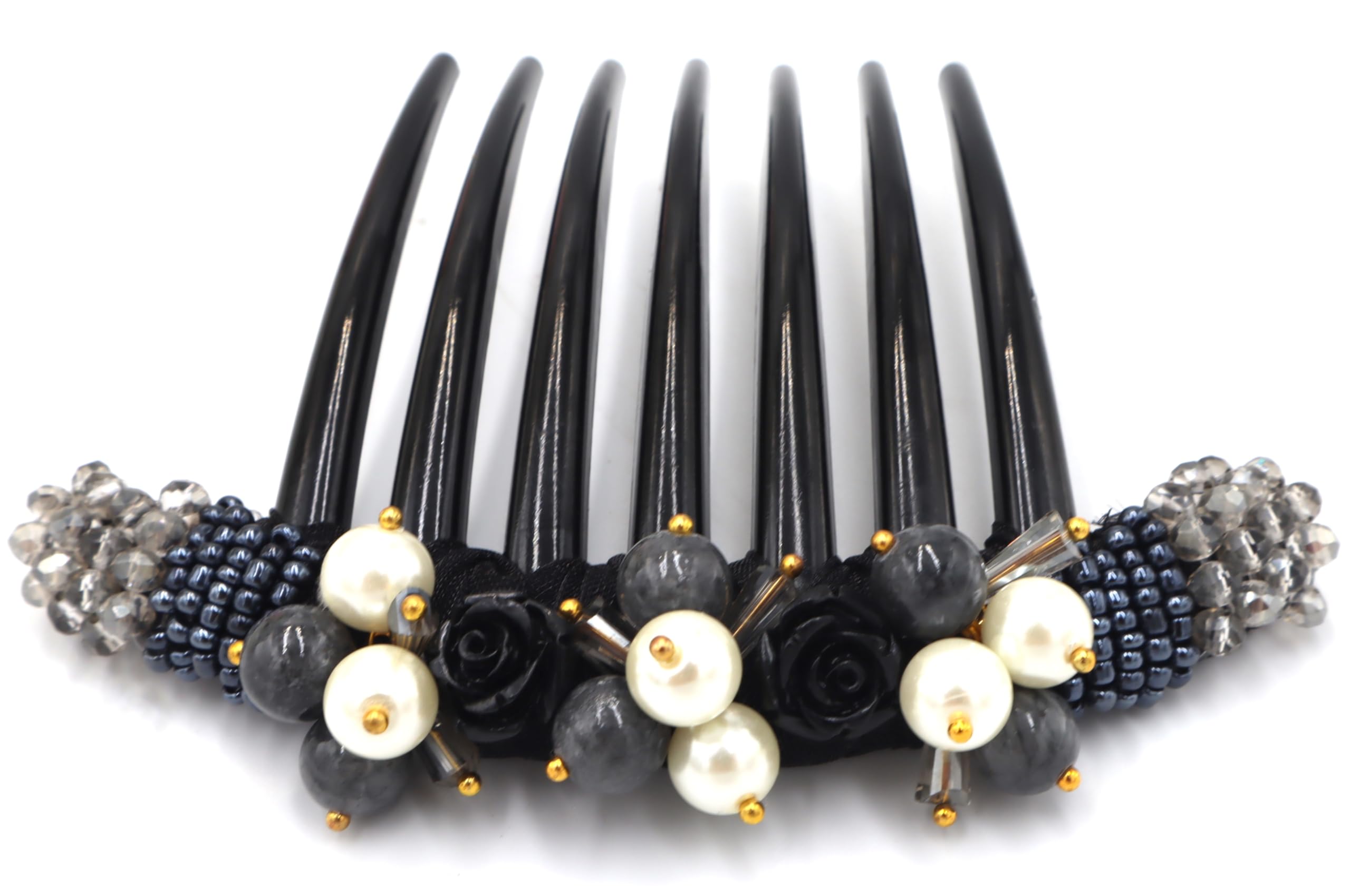French Twist Hair Comb with Bead & Pearl Decoration - Elegant Gray Hair Accessory for Weddings, Prom & Formal Events