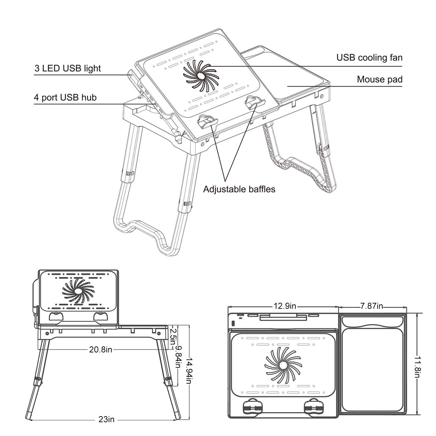 Adjustable Laptop Desk for Bed & Couch - Portable Lap Desk with Cooling Fan, Foldable Legs, LED Light & 4 USB Ports - Perfect for Home Office, Gaming & Studying in Bed or on Sofa