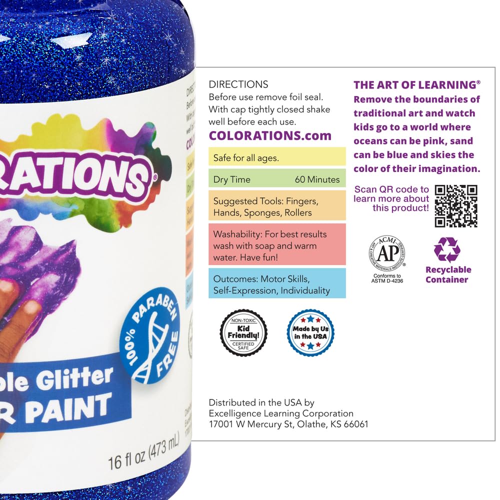 Colorations Green Washable Glitter Finger Paint - 16oz Non-Toxic Sensory Paint for Toddlers & Kids | Safe, Easy-to-Clean Art Supplies for Classroom, Home & Creative Play