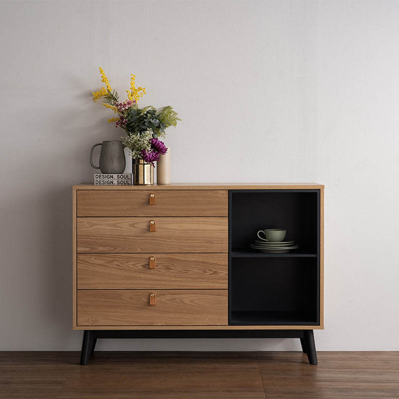 CASTOR Sideboard Buffet 125cm - Modern Wooden Storage Cabinet with 3 Drawers & Doors in Natural, Navy Blue & Black - Perfect for Dining Room, Living Room & Entryway Organization