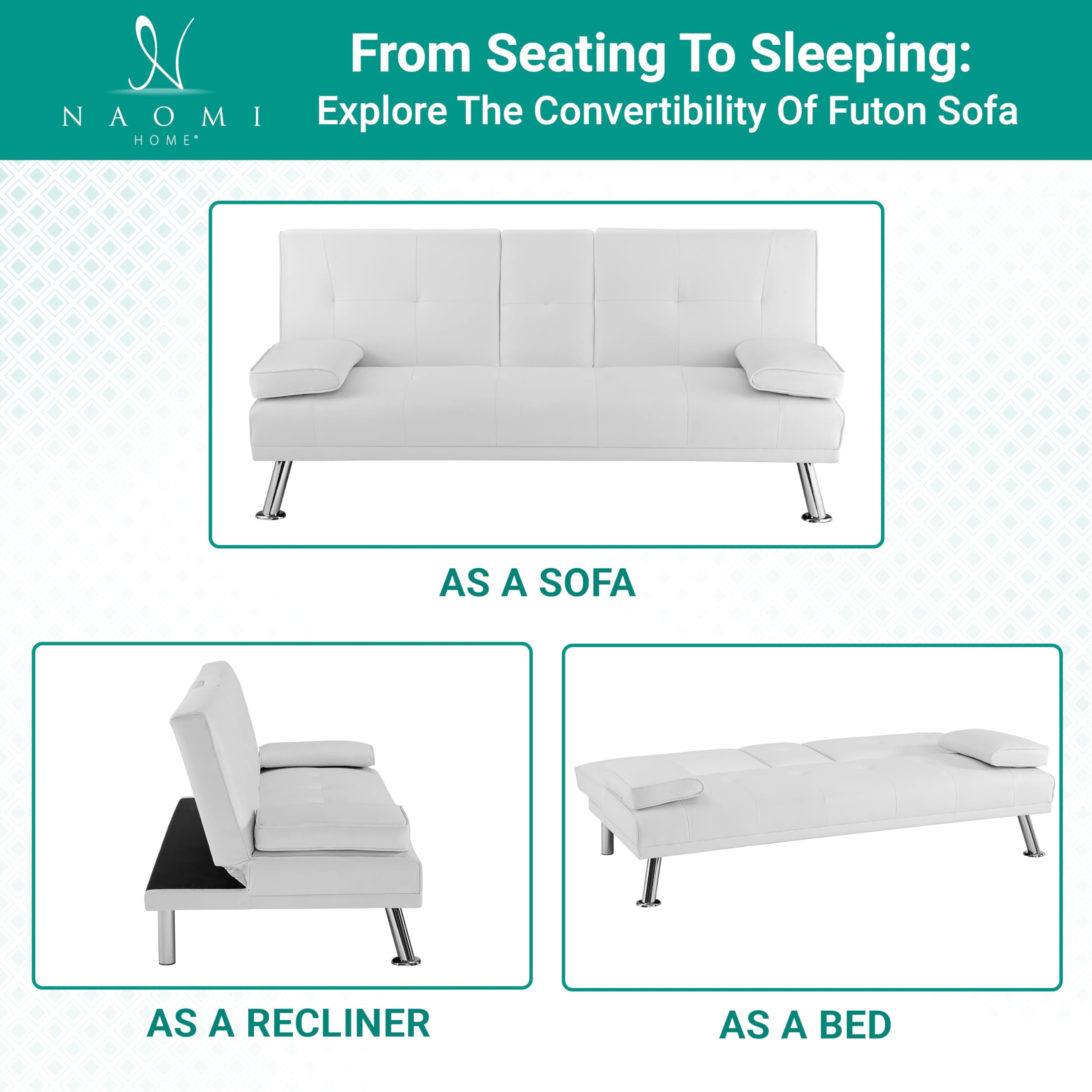 Naomi Home Low Profile Convertible Folding Futon Sofa Bed - Modern Sleeper Couch with Armrests & Cup Holders for Living Room, Guest Room - Faux Leather Upholstery & Sturdy Metal Legs in White - Perfect for Small Spaces, Studio Apartments & Overnight Guests