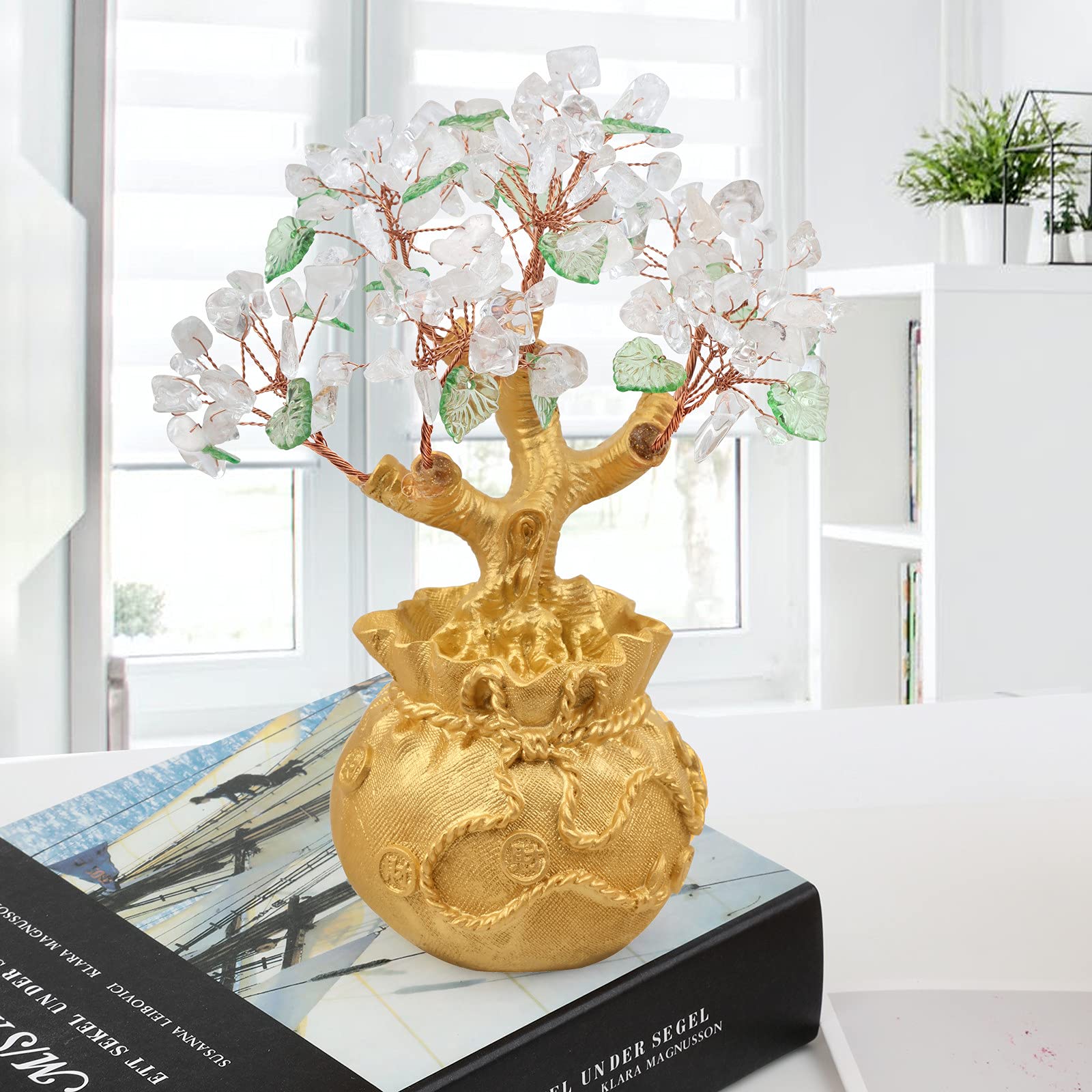 RockCloud Crystal Money Tree with Golden Money Bag - Feng Shui Wealth & Luck Bonsai for Home Office Decor | Natural Rock Crystal Ornament | Perfect for Desk Decor, Housewarming Gift & Positive Energy Space