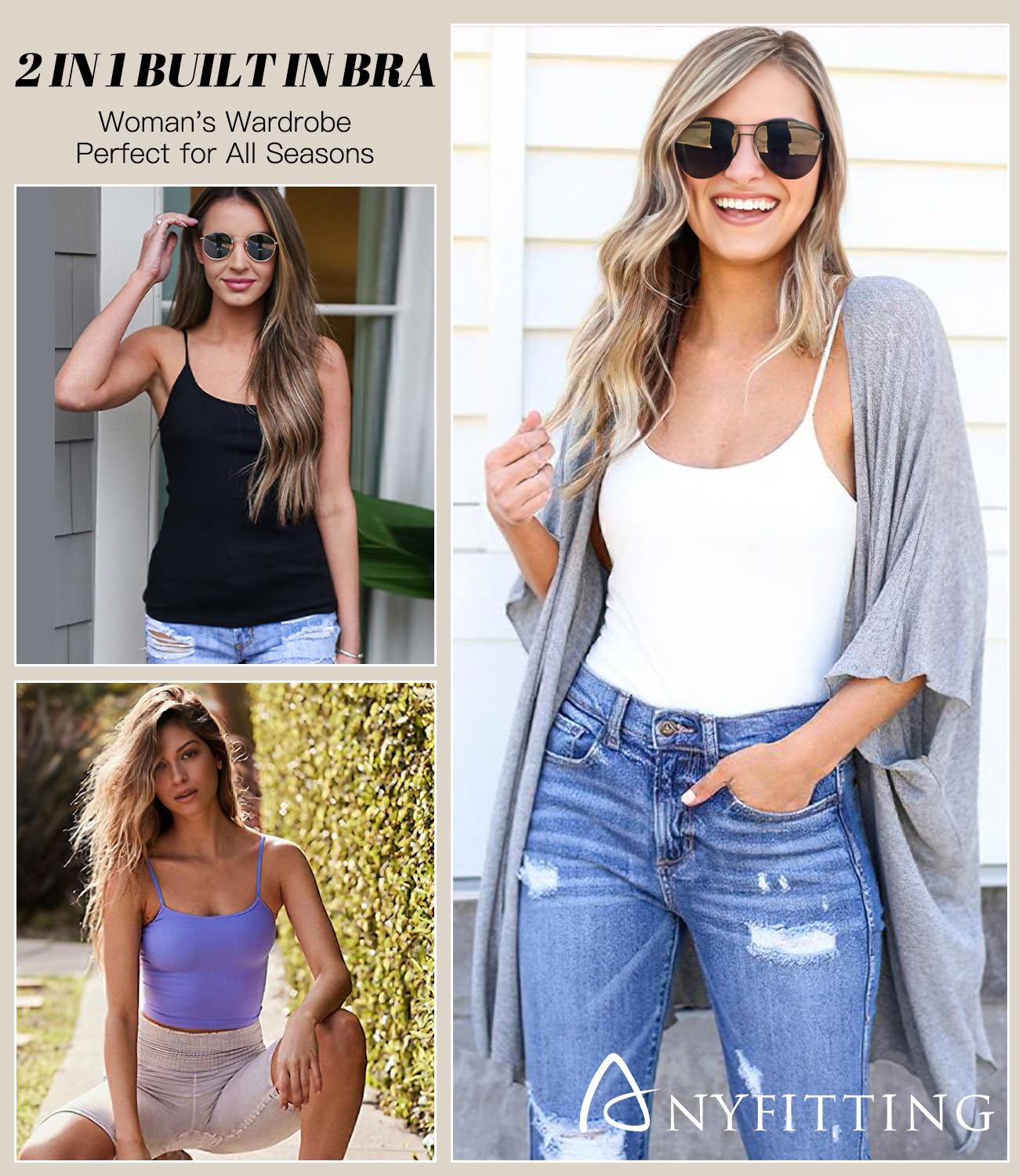Women's Adjustable Strap Camisole with Built-in Padded Bra - Sleeveless Layering Tank Top (1/2/3 Pack) | Perfect for Summer Outfits, Yoga & Casual Wear