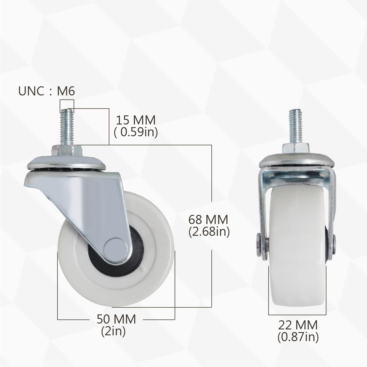 2 Inch M6 Threaded Stem Caster Wheels - PVC Silent Noiseless Non-Scratch Casters for Tiny Shelves & Storage Carts - Set of 2 Brake & 2 Swivel Wheels - Perfect for Office, Kitchen, Laundry Room & Home Organization