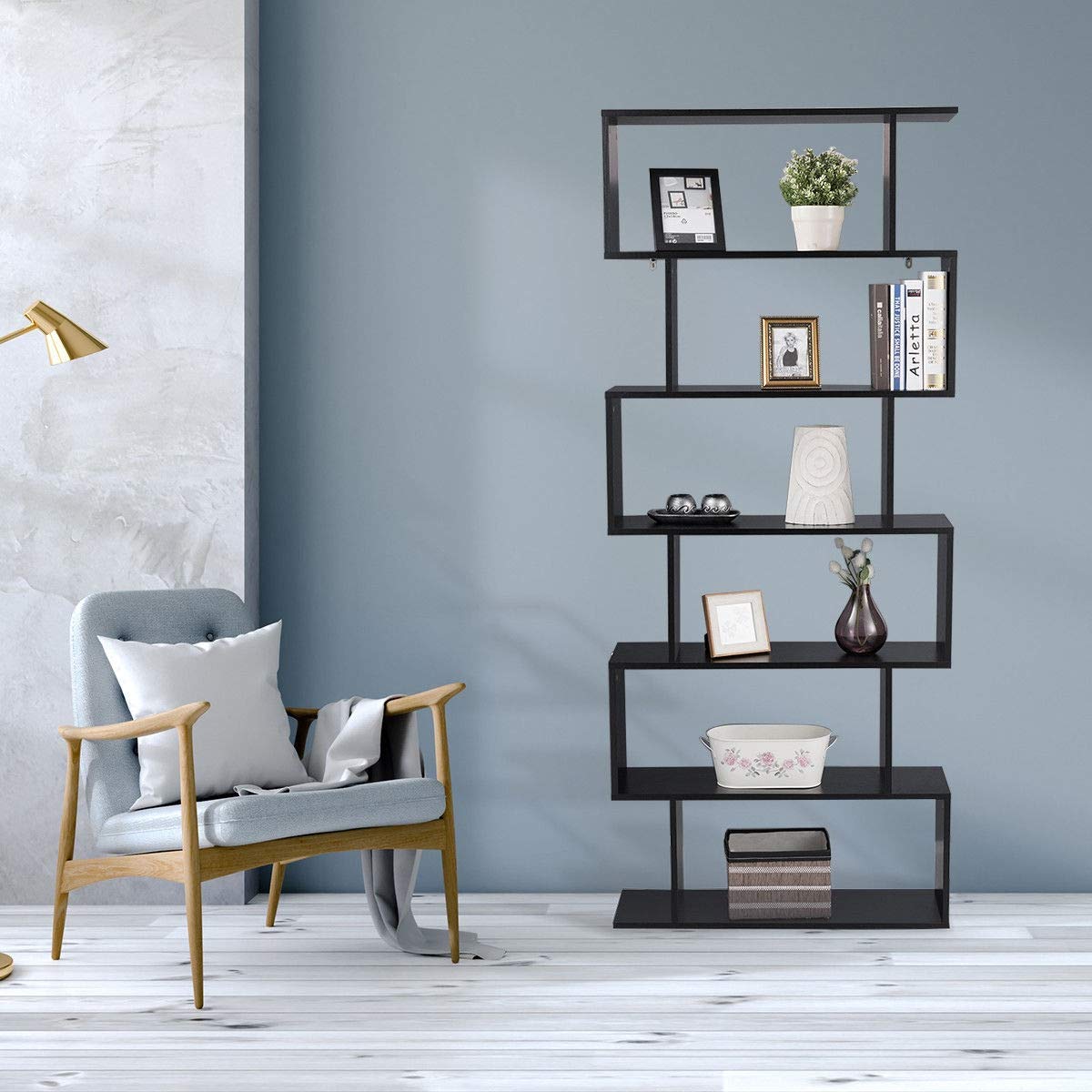6-Tier S-Shaped Wooden Bookshelf - Freestanding Decorative Storage Shelf & Room Divider for Living Room, Home Office | Z-Shelf Style Bookcase for Display & Organization