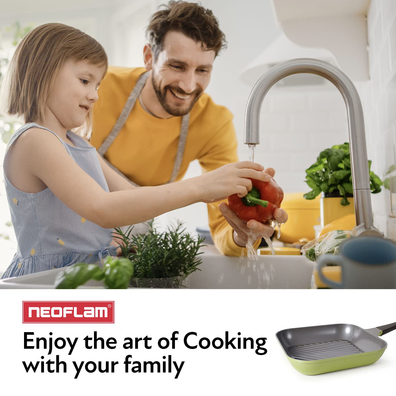 **Neoflam Eela 11-Inch Square Non-Stick Stovetop Grill Pan - PFOA-Free Ecolon Ceramic Coating, Scratch Resistant, Perfect for Searing Meat, Fish, Vegetables & Broiling - Olive Green - Ideal for Indoor Grilling & Healthy Cooking**