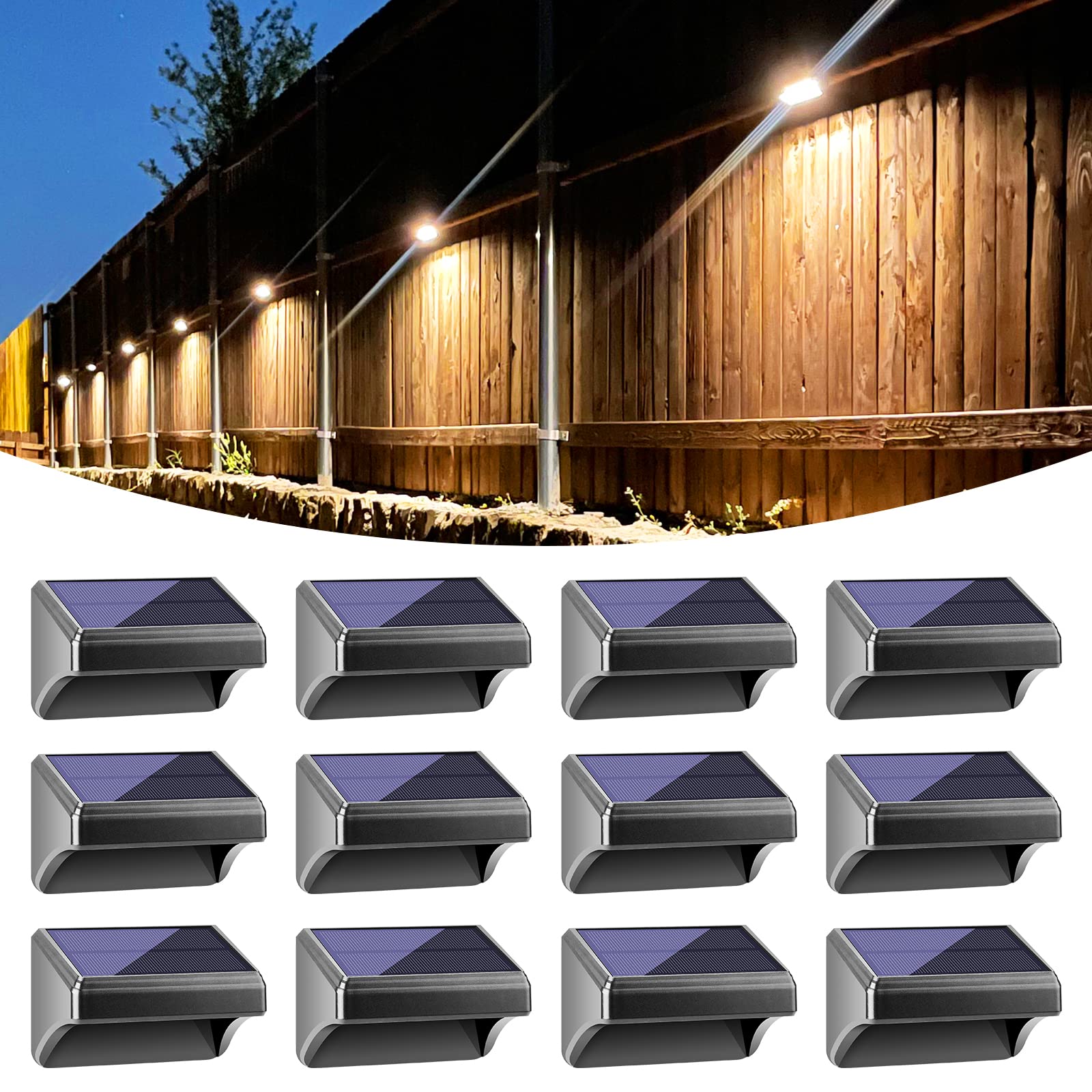 Bridika 12 Pack Solar Fence Lights - Warm White & White LED Outdoor Wall Lights, Waterproof Solar Powered for Steps, Backyard, Patio, Deck Railing & Stairs | Perfect for Garden, Pathway & Landscape Lighting at Night
