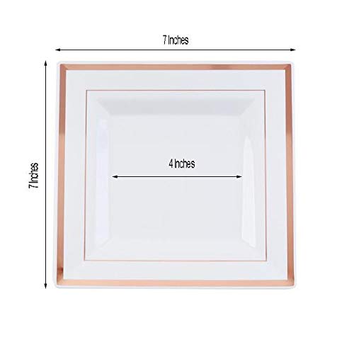 30-Pack 7-Inch White Plastic Square Plates with Rose Gold Trim - Elegant Disposable Tableware for Wedding, Party, Reception & Catering Events - Perfect for Elegant Dining & Special Occasions