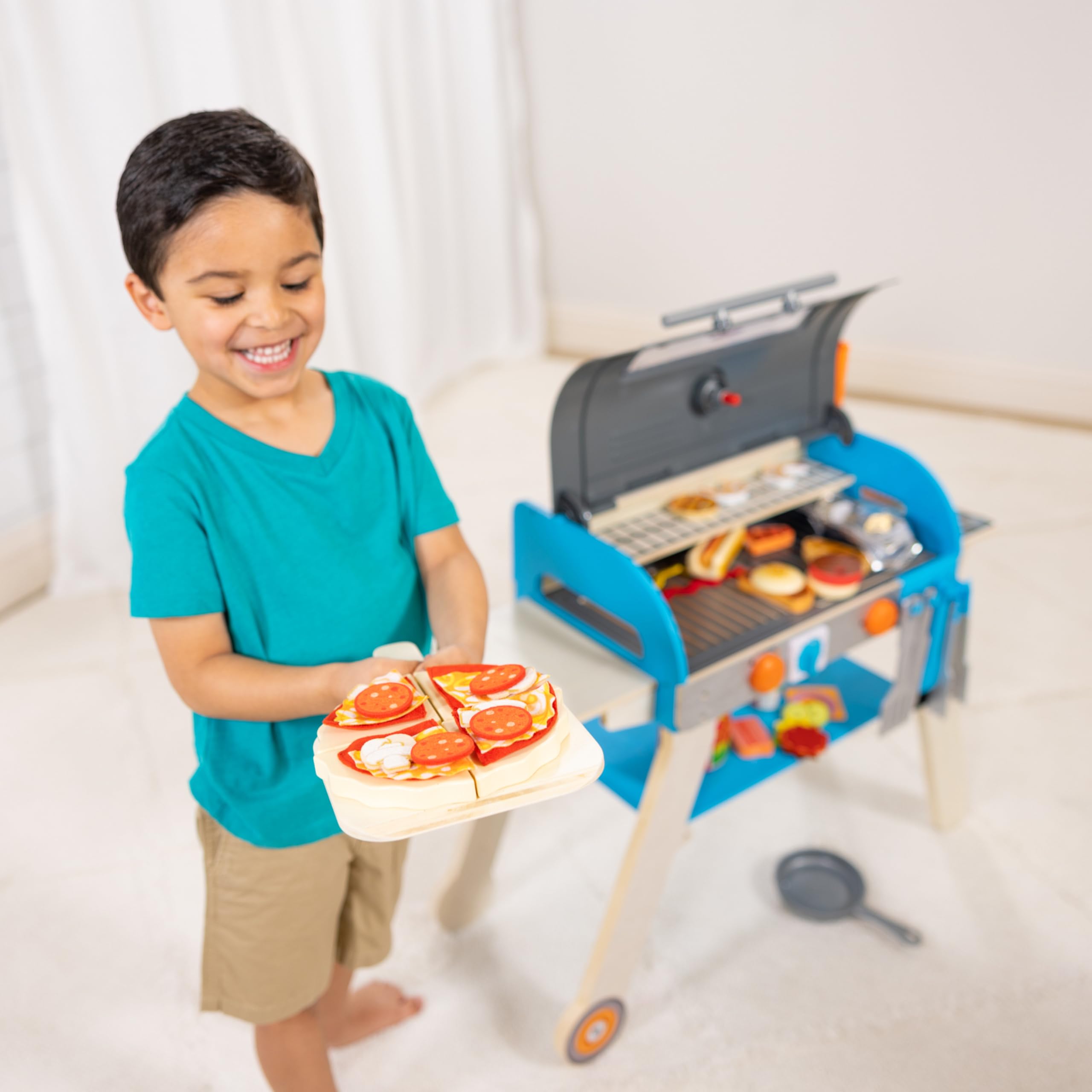 Melissa & Doug Wooden Deluxe BBQ Grill, Smoker & Pizza Oven Pretend Play Kitchen Toy for Kids - FSC Certified Wooden Toy for Outdoor & Indoor Pretend Cooking Play