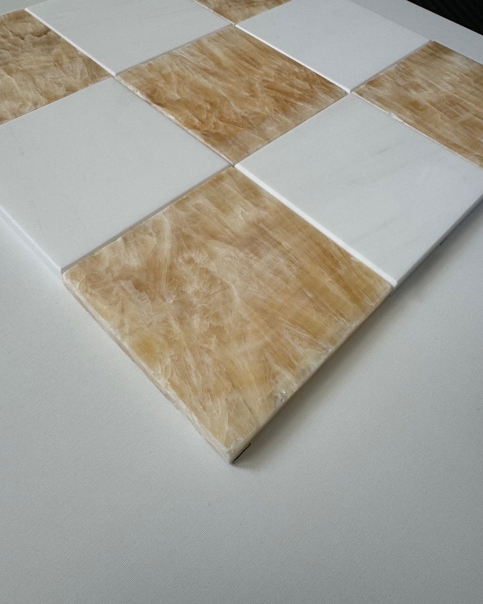 Premium Honey Onyx & Bianco Dolomite Checkerboard Tiles - High Gloss Polished Finish for Kitchen Backsplash, Bathroom Flooring, and Luxury Interior Design