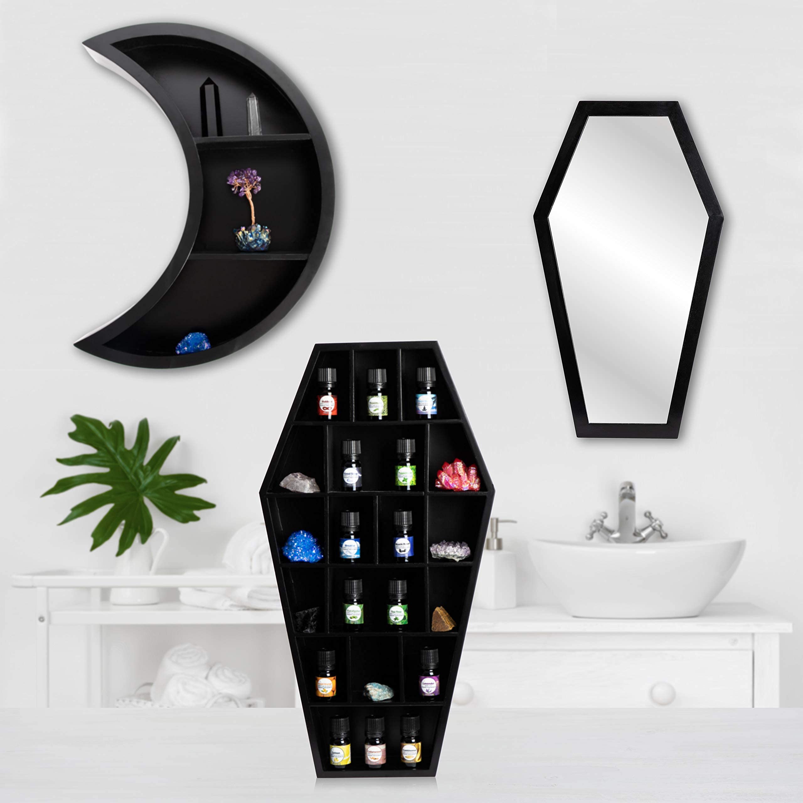 Gothic Coffin Shelf and Mirror Set - Dark Aesthetic Bedroom Decor with Mounting Hardware - Perfect for Halloween, Gothic Themed Rooms & Vampire Lair Decorations